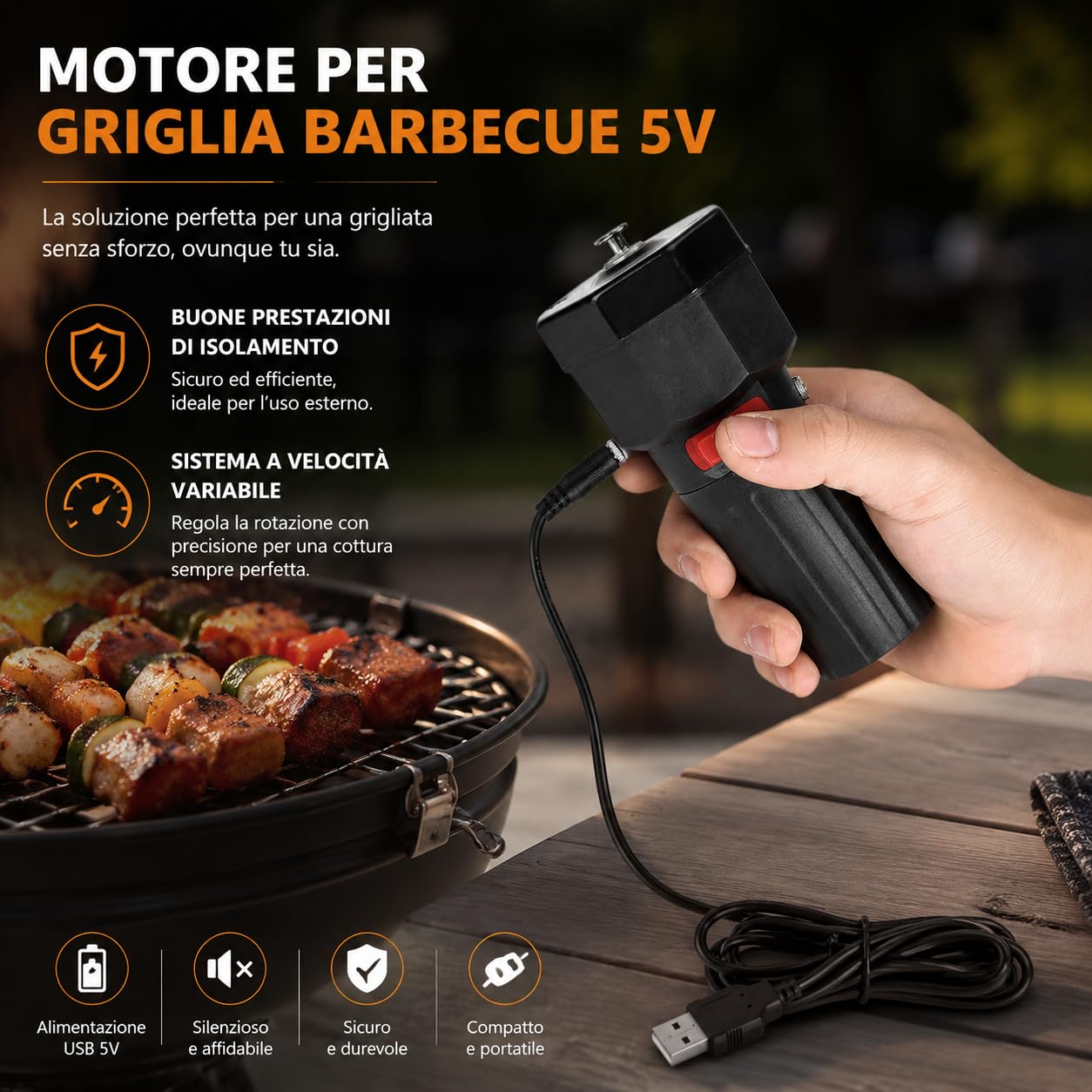 Estink Motore Girarrosto Elettrico per Barbecue, DC 5V, Rotazione CW/CCW, con Cavo USB 1m, Nero