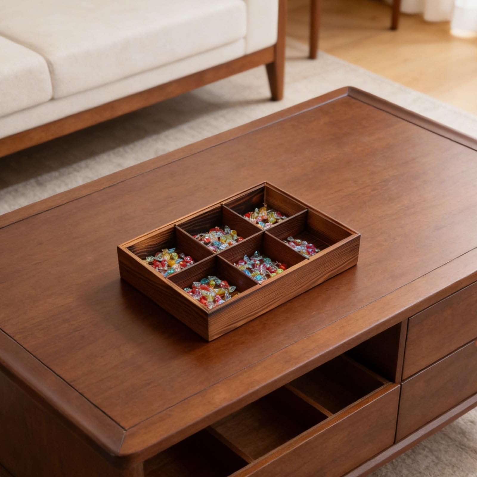 Plateau Compartimenté en Bois avec Couvercle, 6 Sections Marron | Acrylique Transparent, Service Polyvalent pour Restaurants et Événements Extérieurs, Rangement Snacks et Bonbons