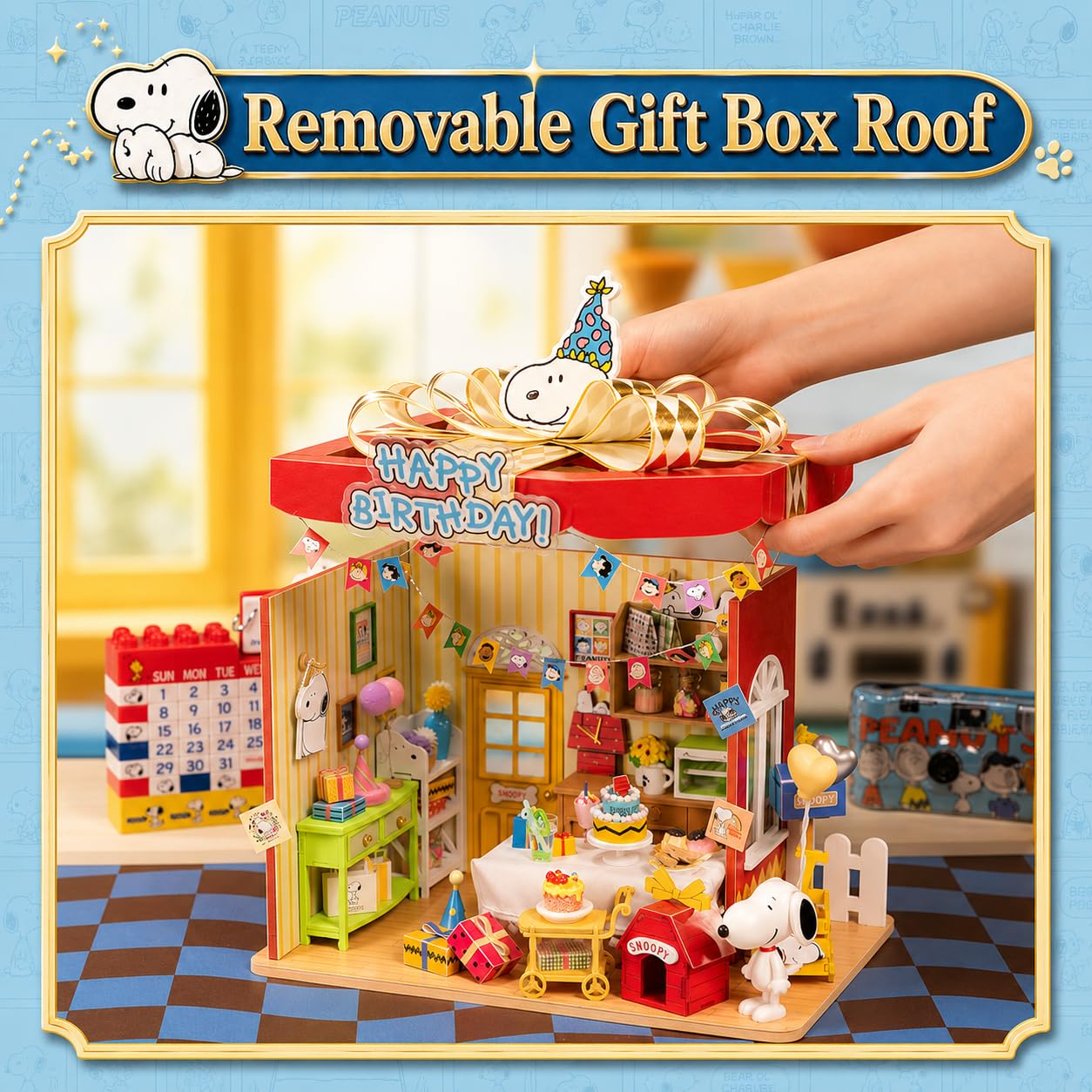 PUREMIND Snoopy PEANUTS Drewniane Puzzle 3D, Domek Urodzinowy | Oficjalna licencja, figurka w zestawie, tort i balony, forma pudełka prezentowego, do składania, dekoracja i kolekcja