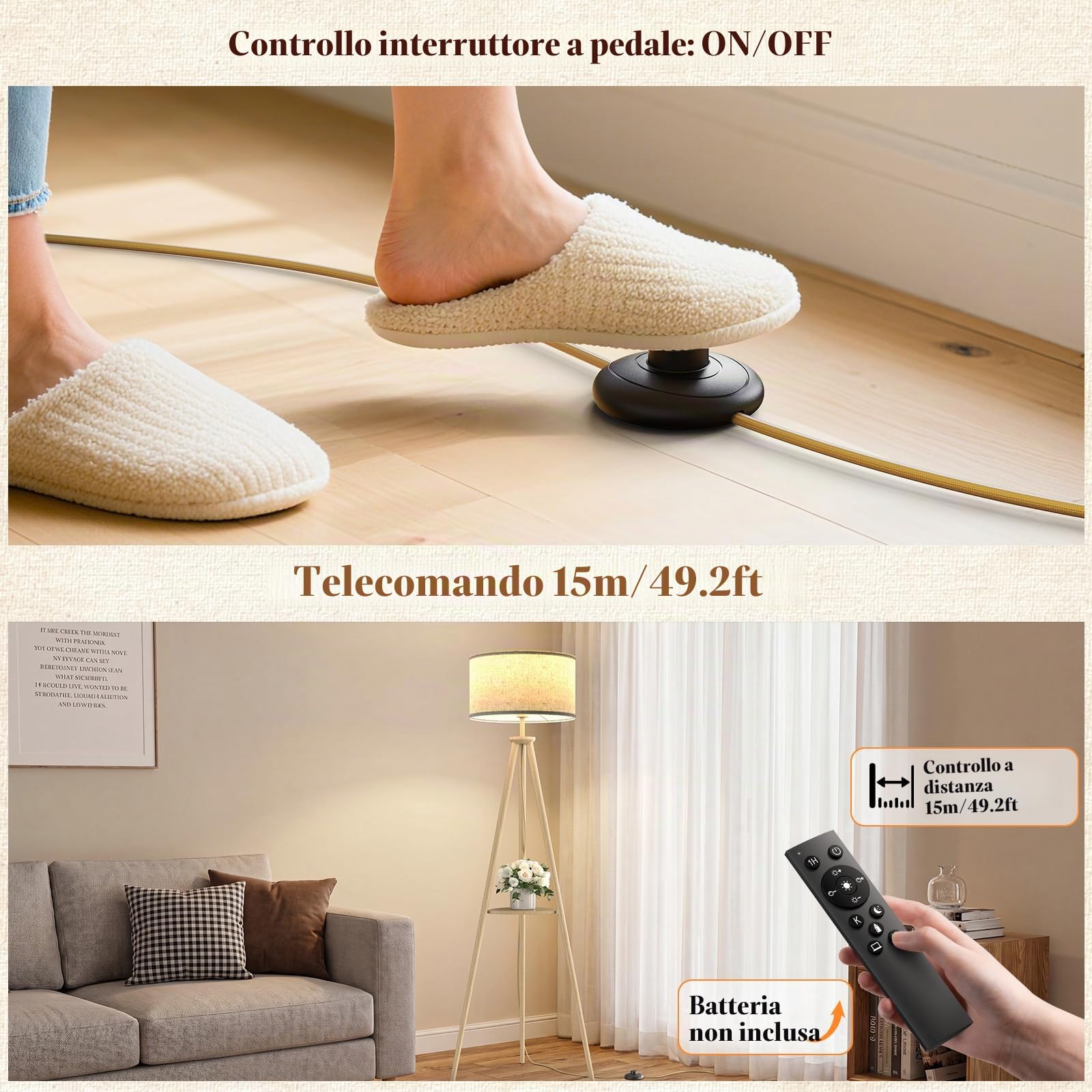 Lampada da Terra ad Treppiede LED con Ripiani Portaoggetti - 12W Piantana da Lettura Solido Regolabile con Telecomando & LED E27 per Soggiorno, Camera da Letto, Marrone Chiaro - Mensola Triangolare