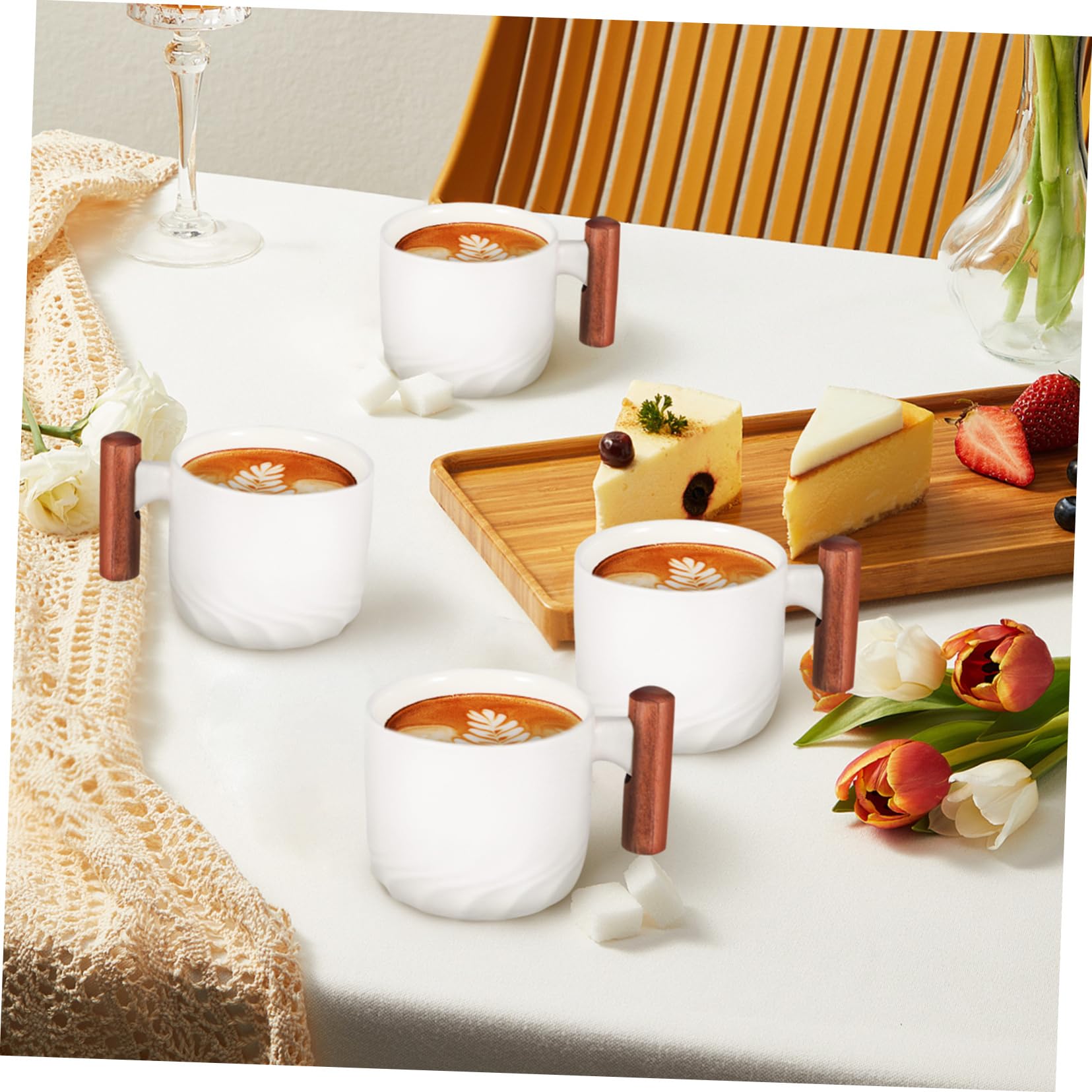 4 Stück Keramik Espressotassen mit Holzgriff Weiß Kompakt Angenehmes Trinken für Kaffee