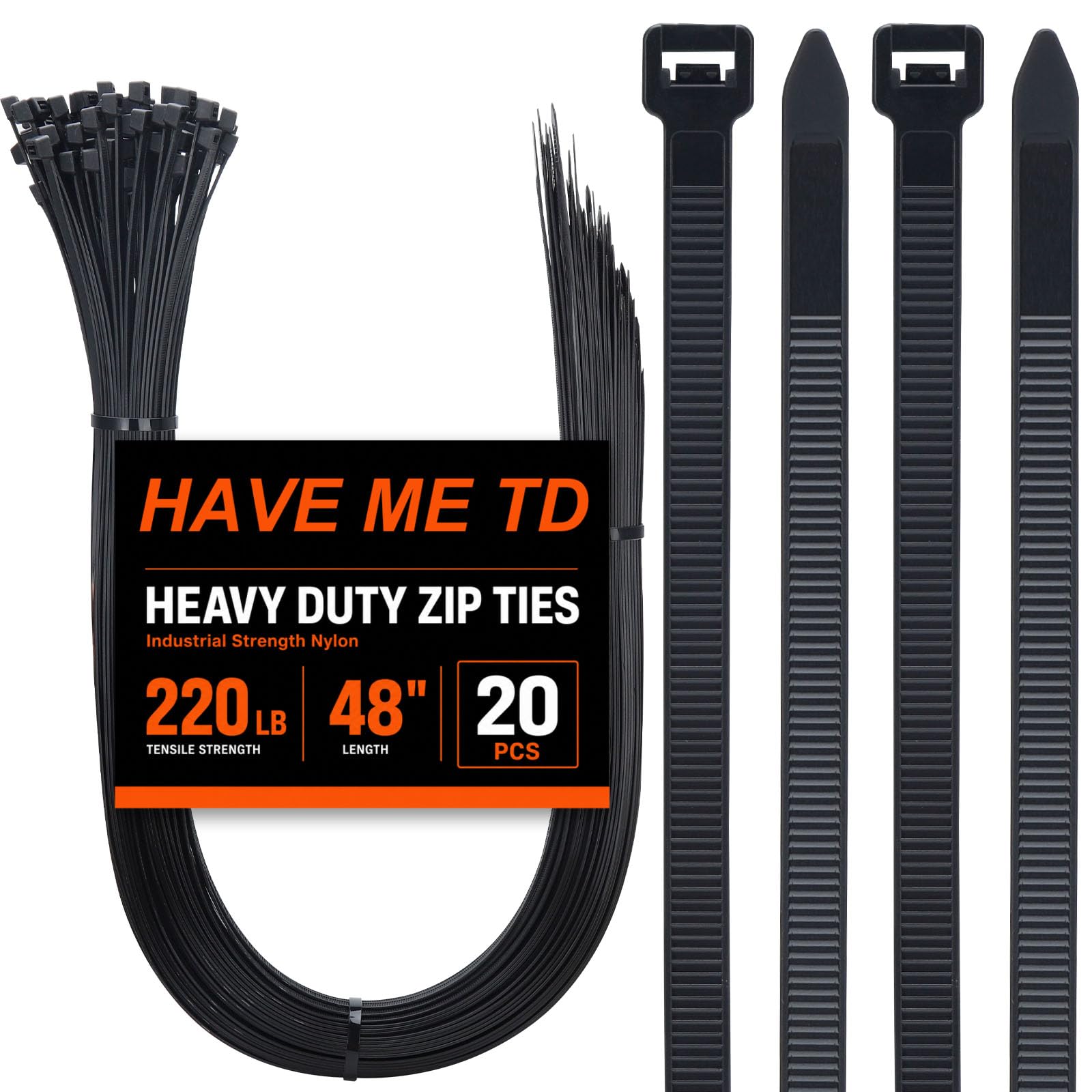 Large Zip Ties 48 inch,20 Pack Long Zip Ties Heavy Duty Big Black Cable Ties with 220 lb Tensile Strength.
