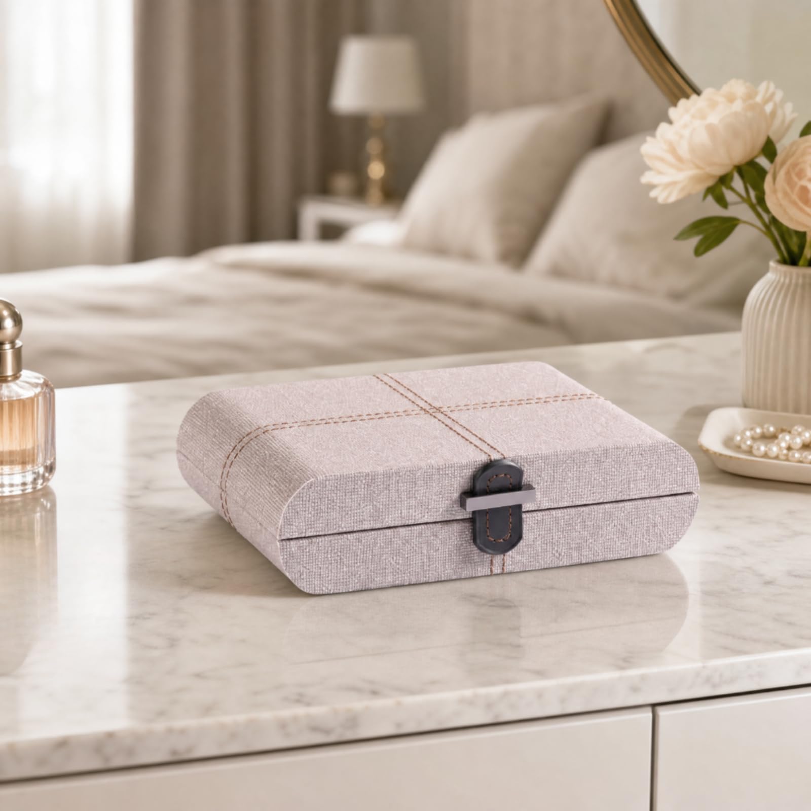 Caja Joyas PU Seguro Organizador Accesorios Morno Joyero para Cómoda, Entrada, Beige
