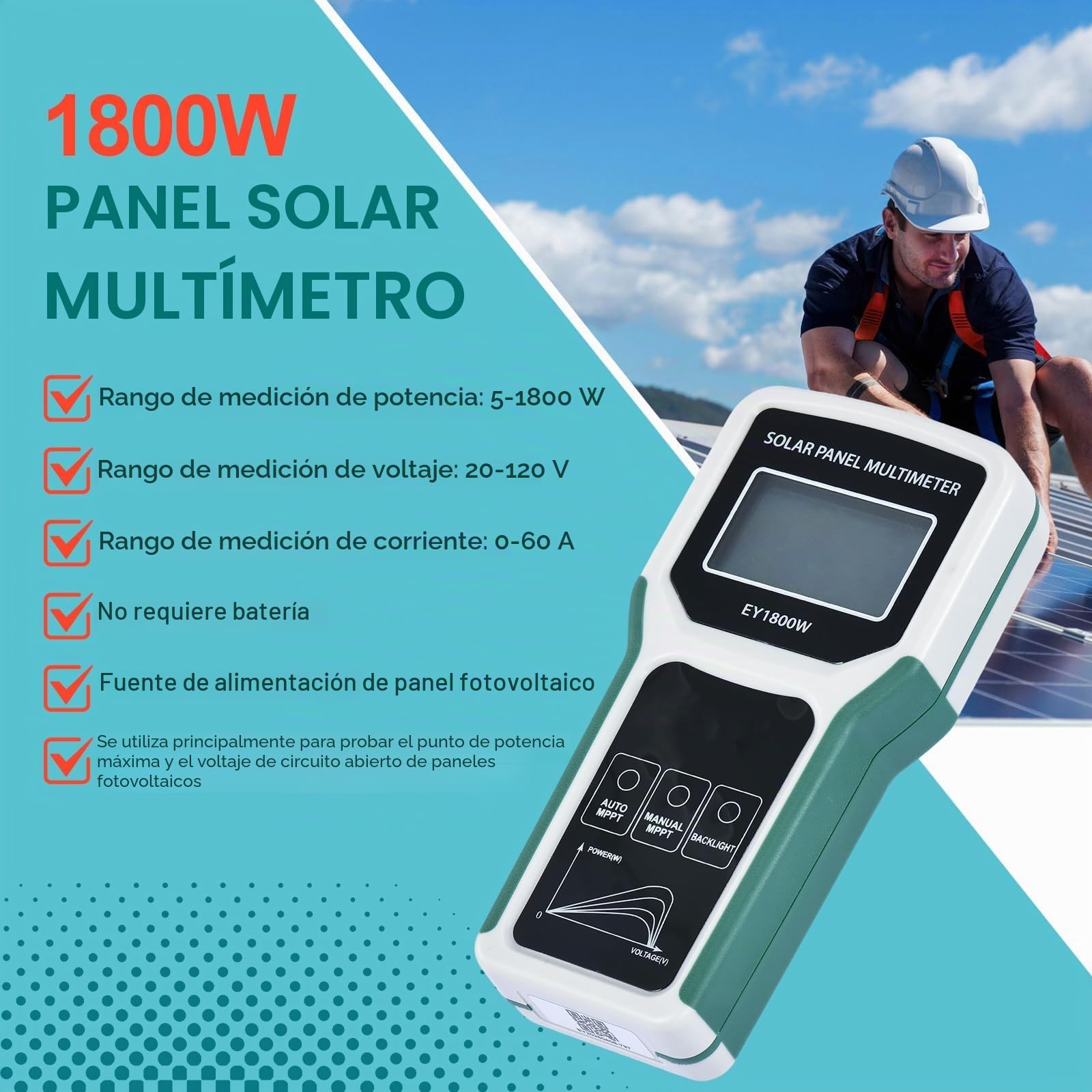 Multímetro para paneles solares de 1800 W, medidor de potencia fotovoltaica MPPT con retroiluminación LCD, detección automática/manual, mide voltaje de circuito abierto y punto de máxima potencia.