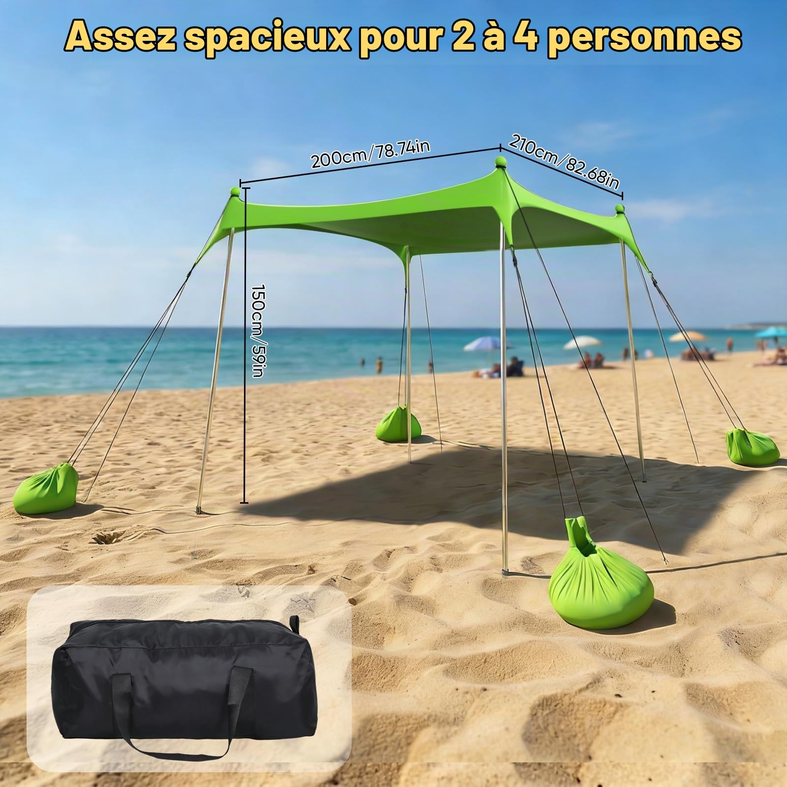 Tente de plage - 2 x 2,1 m - Protection UV UPF50+ - Design octogonal avec 8 piquets et 4 barres renforcées - Tente de plage compacte pour 2 à 3 personnes - Résistante au vent - Pour camping