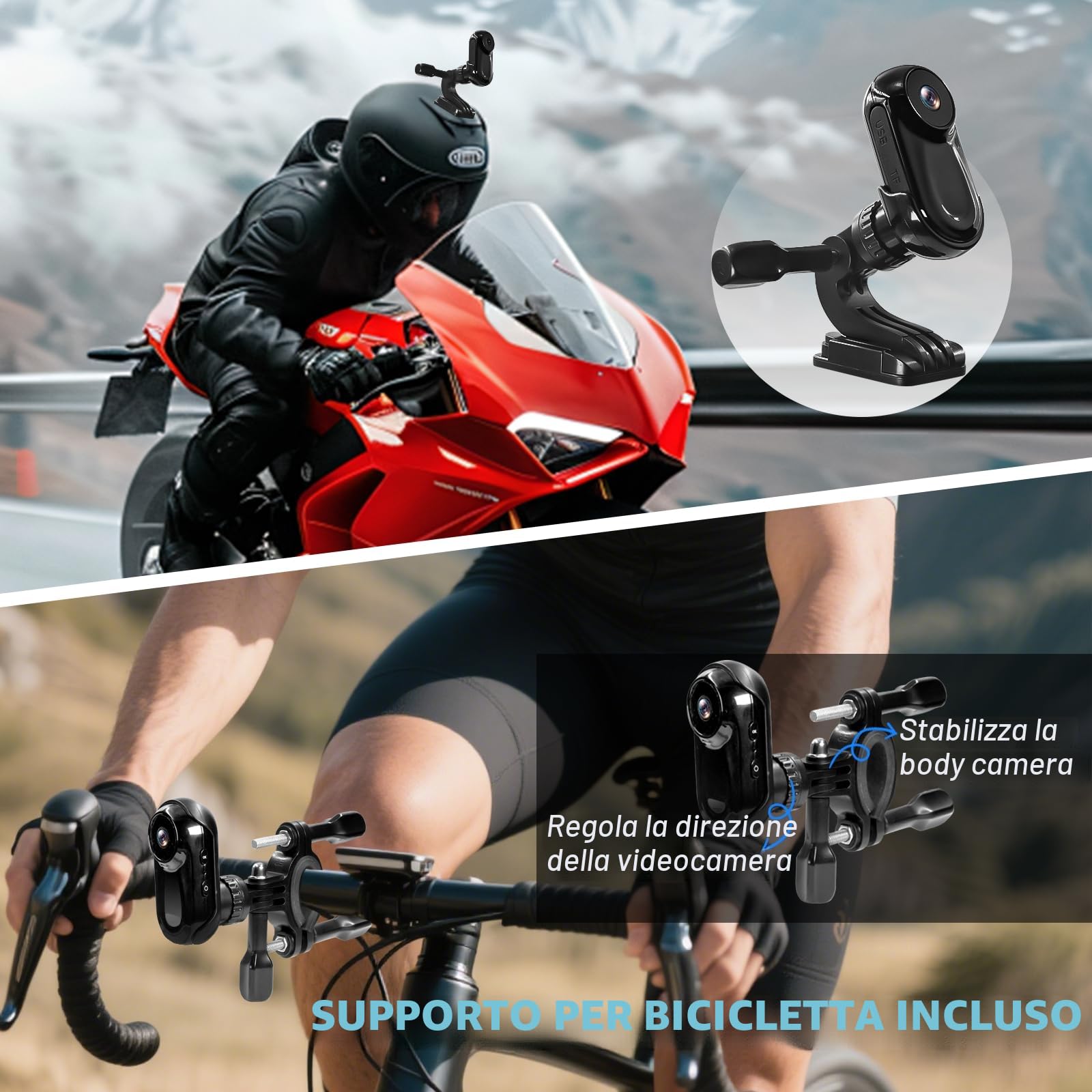Action Cam,Fotocamera Sportiva Portatile a 360°,HD 1080P Mini BodyCam con Audio e Video Videocamera,Telecamera da Casco/Moto Action Camera Animali Esterno