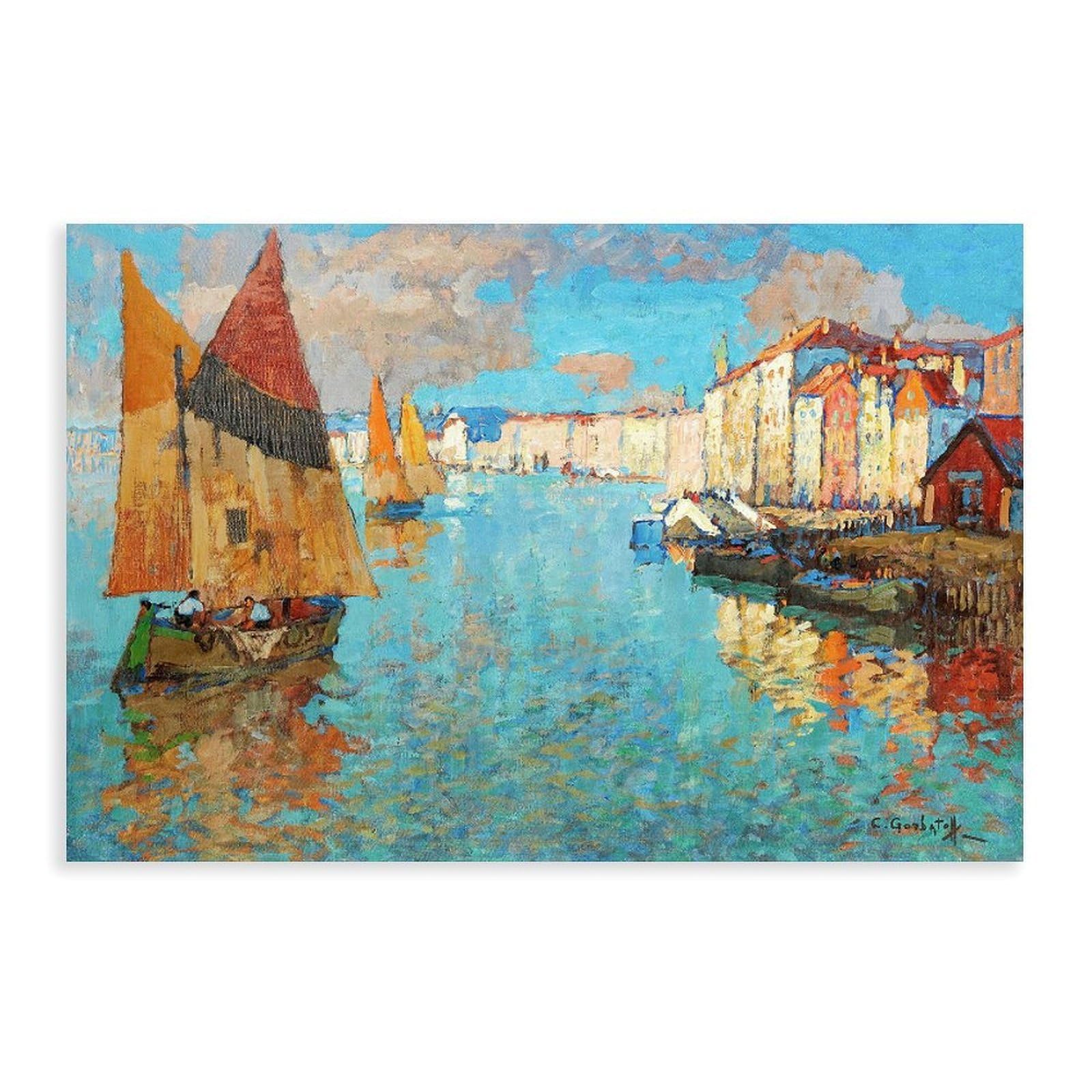 DFJyjFGJJ Konstantin Gorbatov,View of Chioggia, Coastal Town Scenery, Seaside Sailing Scenery Poster Print for Teen Boys Room Wall Art Canvas Painting 16" L X 24" W