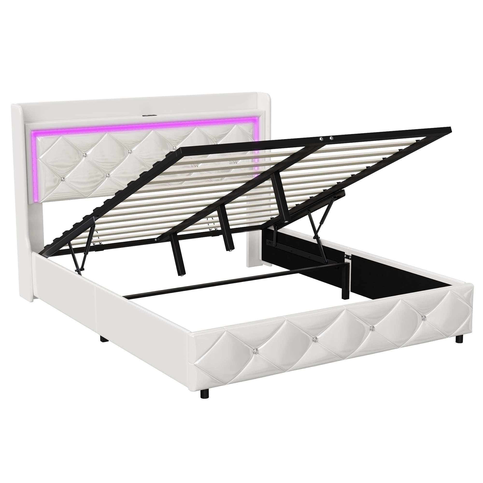 Letto baule 140 x 200 con rete a doghe LED e USB, letto matrimoniale 140 x 200 con contenitore e testiera per letti, letti imbottiti per 2 persone, telaio del letto 140 x 200 cm, pelle PU