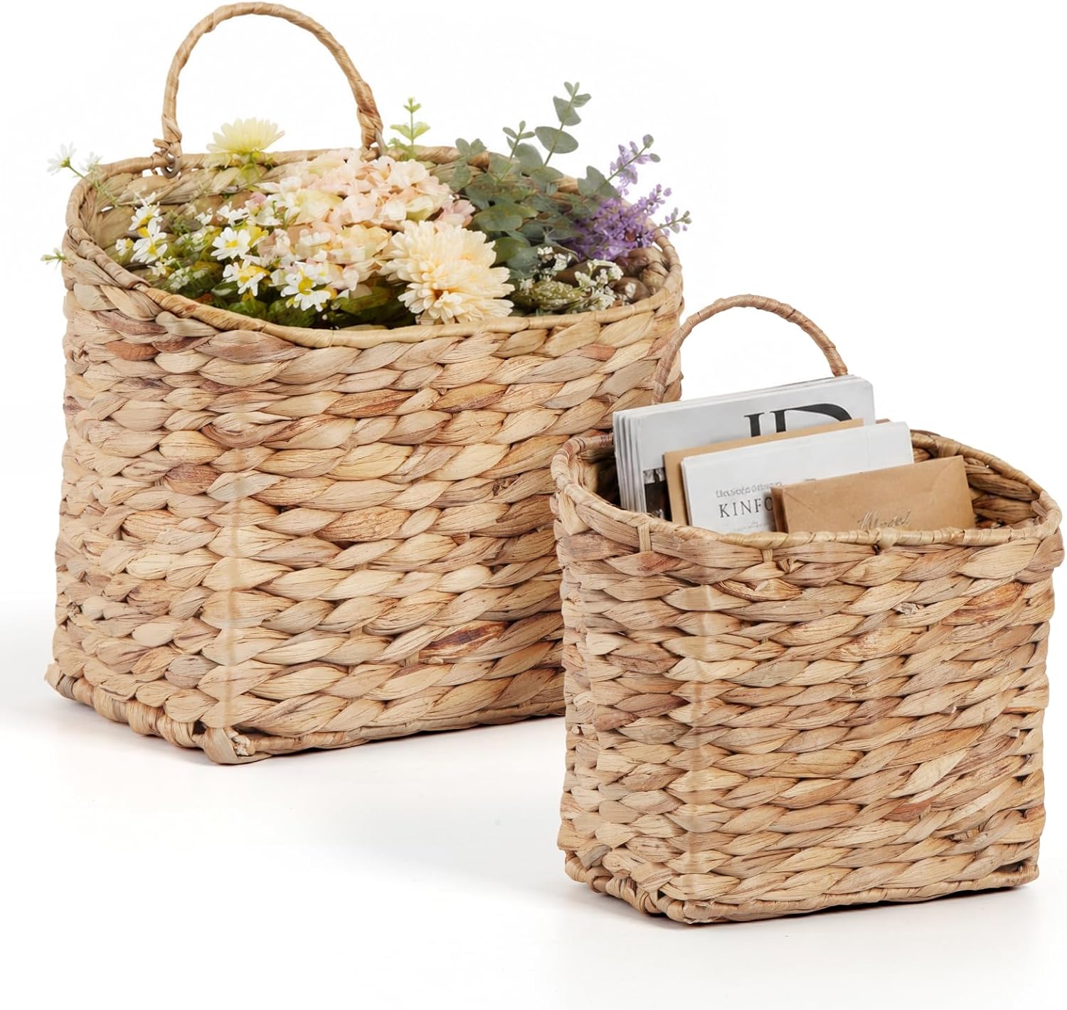 Set of 2 Wicker Hanging Wall Basket Woven Hanging Baskets Natural Water Hyacinth Wall Mounted Storage Baskets with Handle Farmhouse Home Decor for Organizing Front Door Entryway Mail Flowers Plant