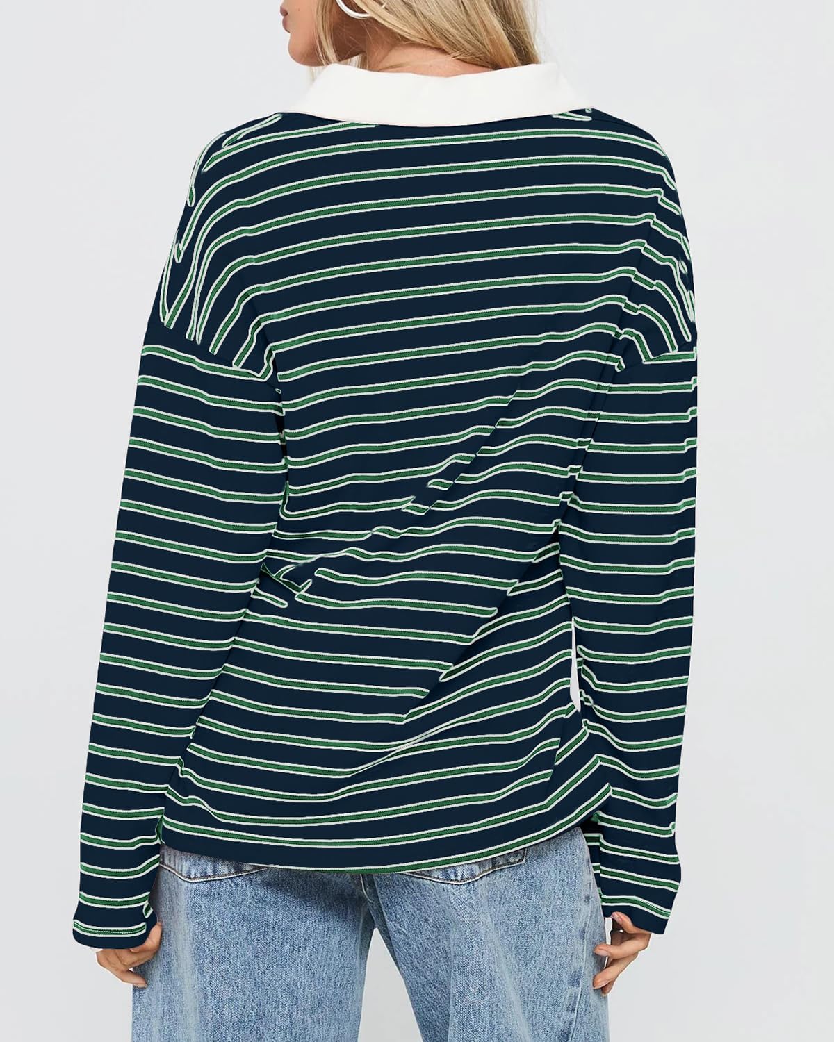 Cioatin Women Oversized Y2K Striped Rugby Polo Shirt Tops Long Sleeve Button Collar Sweatshirt Preppy Pullover Fall Outfits - Image 4