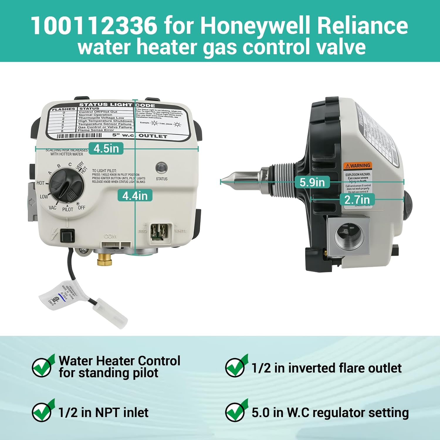 100112336 Upgraded Water Heater Gas Valve(OEM) Compatible with a.o. smith, reliance etc. Gas Control Valve for 5” wc Outlet Water Heater Replacement part number 9007884005, 316910-000, 321166-000 etc.