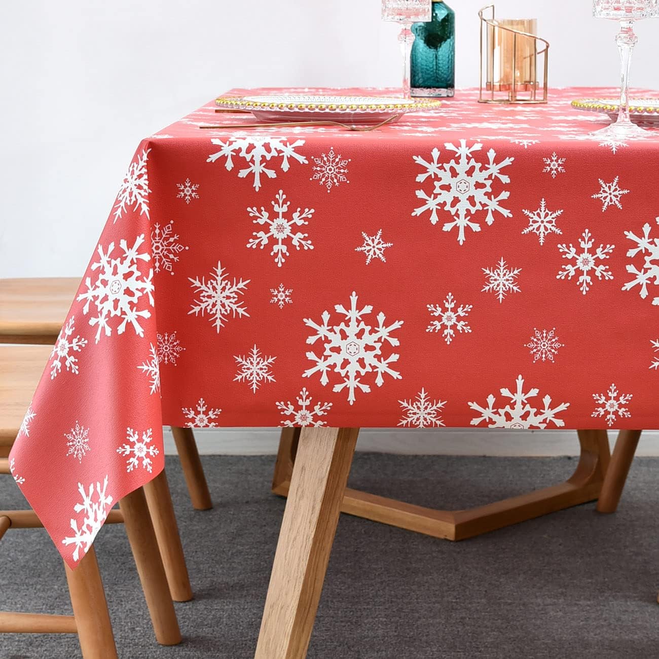 Christmas Decor Vinyl Tablecloth Rectangle Snowflake Tablecloths - Red 6Ft 54 x 72 Inch