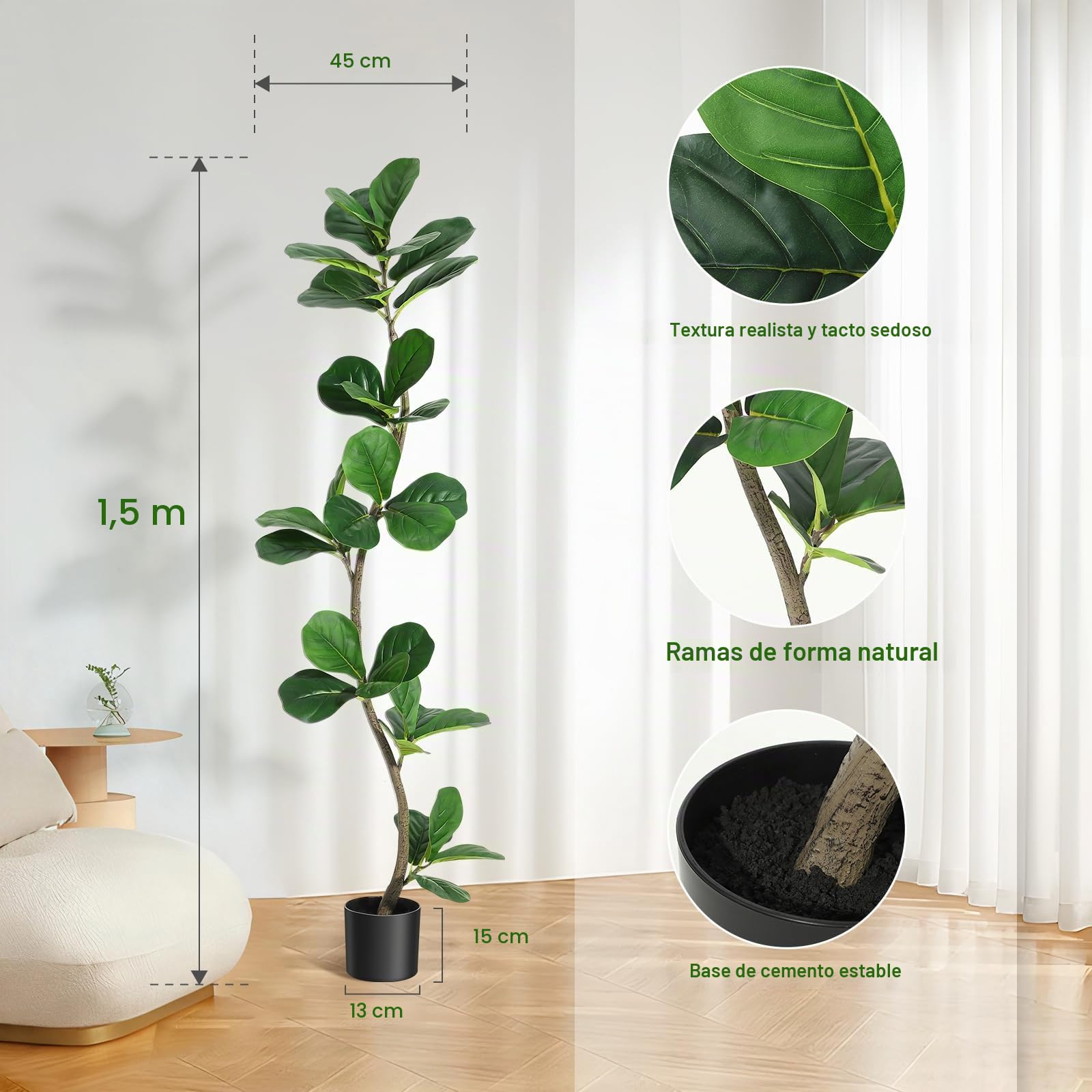Higuera artificial de hoja de violín, planta falsa de 5 pies con maceta blanca y tronco de madera natural para decoración del hogar u oficina, plantas artificiales de interior