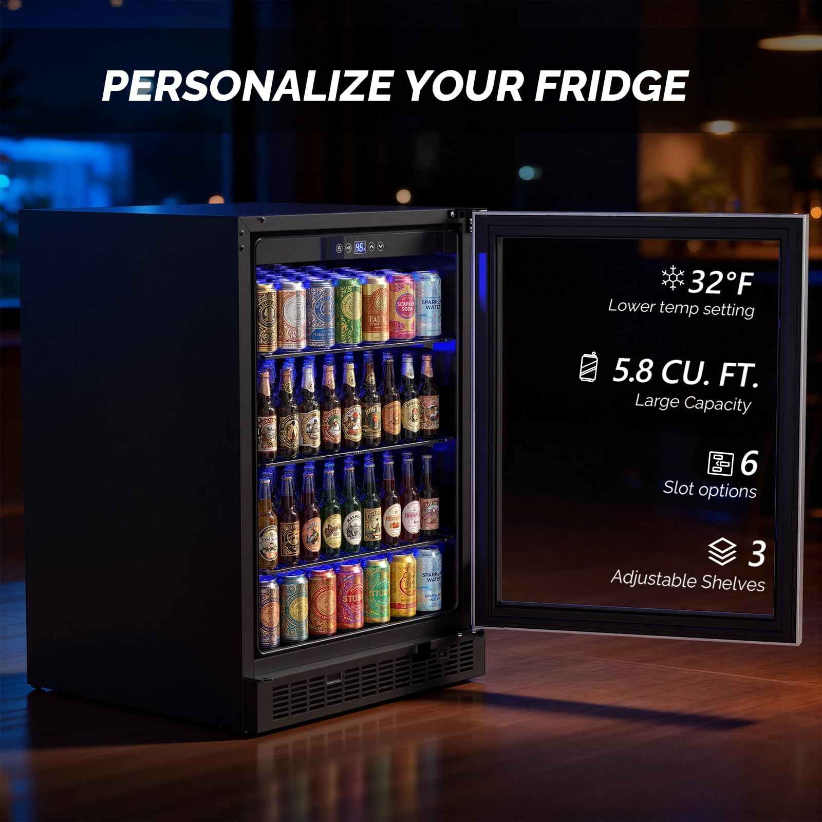 Rovsun 24 Inch Beverage Refrigerator, 5.8 Cu.Ft. Under Counter Beverage Fridge With Glass Door And Touch Temperature Control For Soda, Beer, Built-In Or Freestanding Cooler For Kitchen, Bar, Office on Fridge.com - View 2