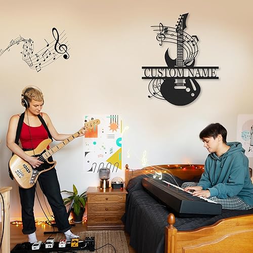 Miniatura 2 de Letrero de metal de guitarra personalizado, letreros de metal personalizados, decoración de pared de notas musicales, arte de pared divertido con