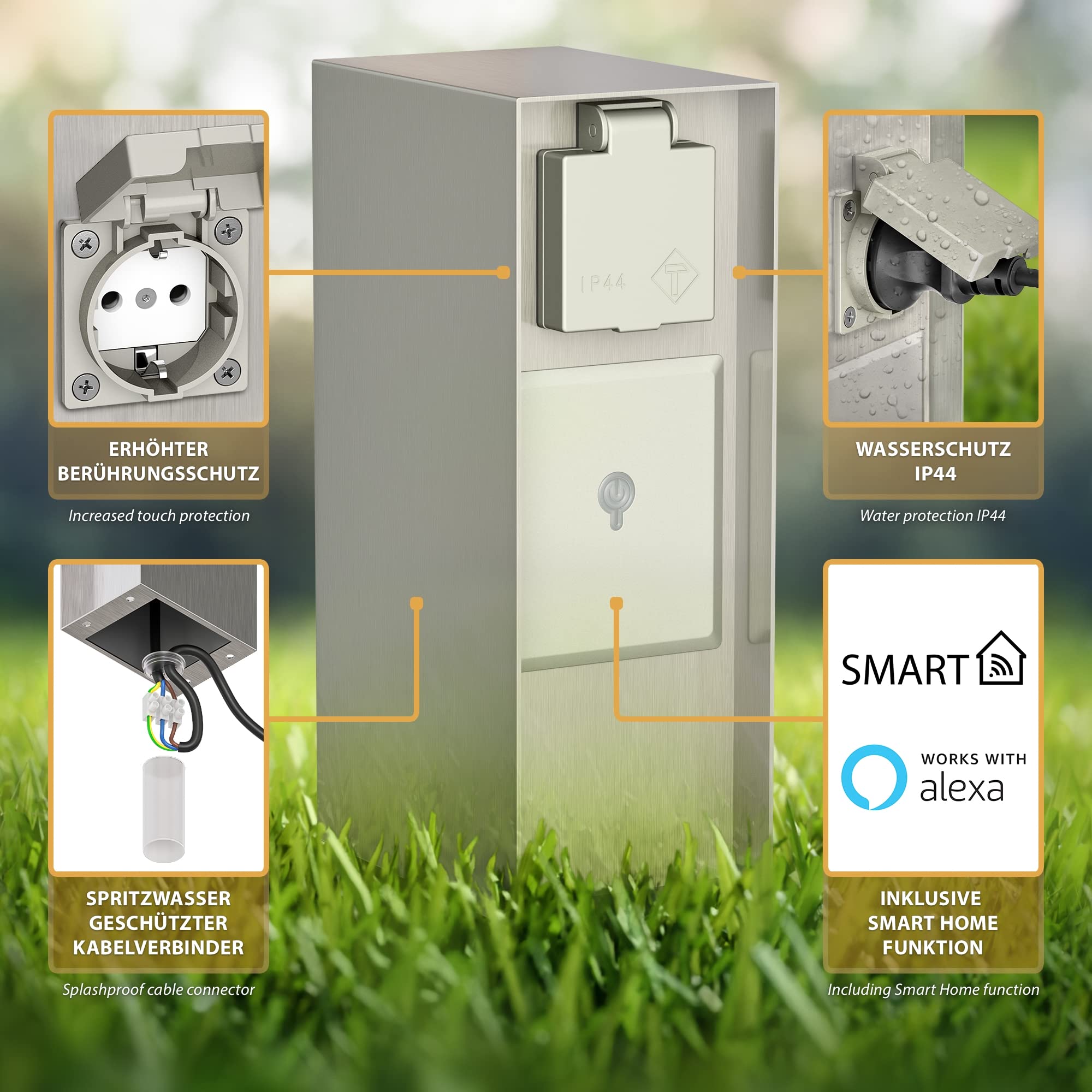 ledscom.de Enchufe de jardín Pilar POMI con piqueta de Tierra y Cable de 2m para Exterior, IP44, Smart Home, WLAN, Alexa, 3 vías, Acero Inoxidable, Cuadrado, 23cm