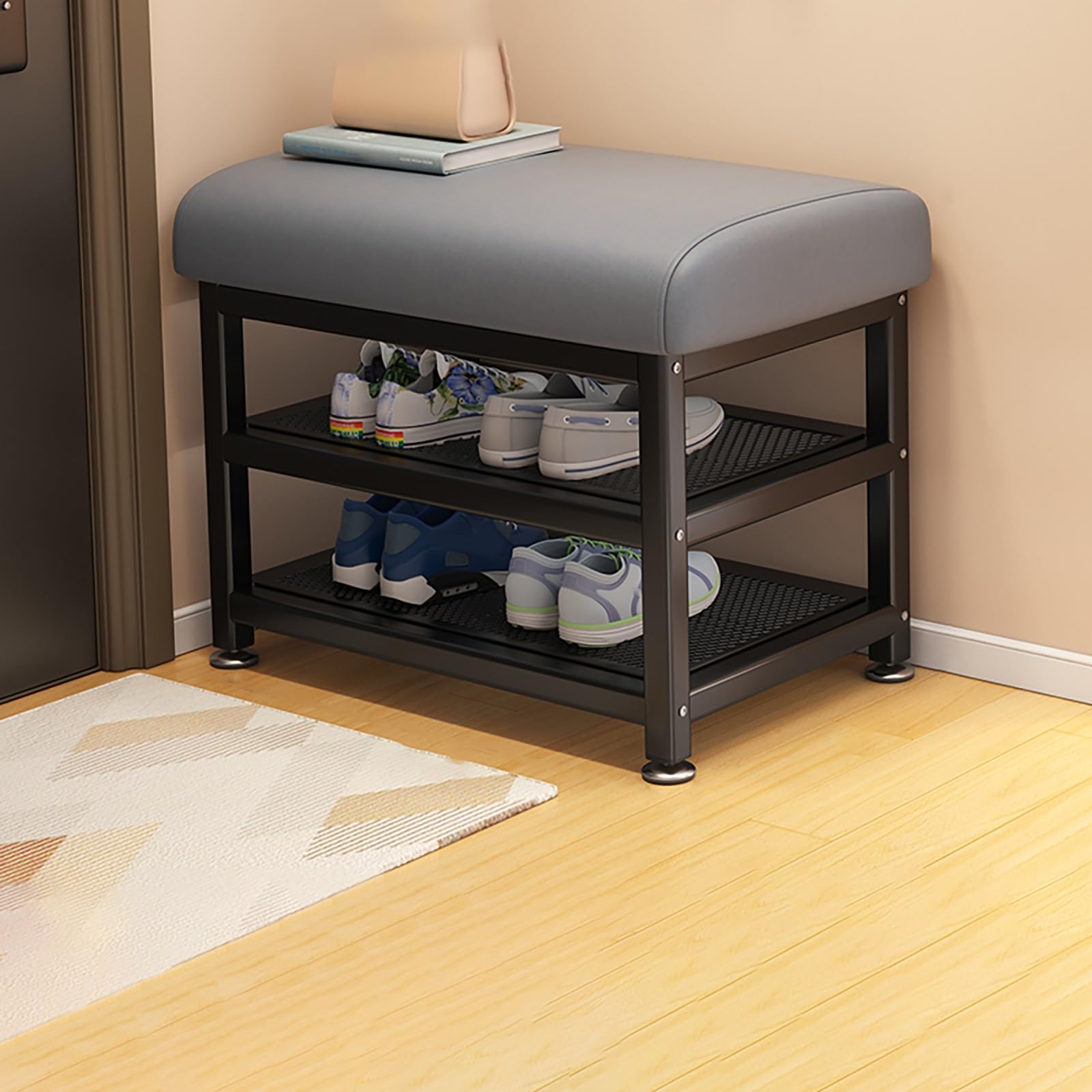 MSHGSKU Upholstered Entryway Bench with Shoe Rack – Space Saving Shoe Storage nizer for Hallway & Living Room (Grey 40x30x50cm) – Stylish & Functional Furniture
