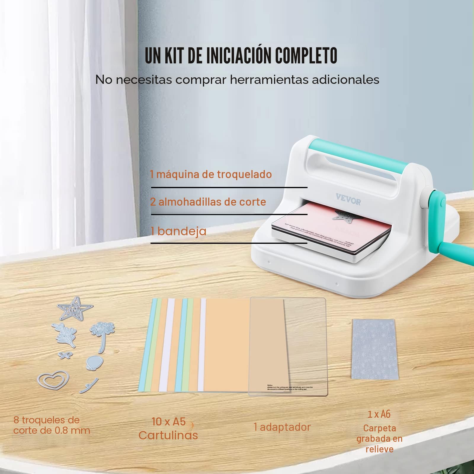 Máquina Troqueladora Apertura de Ancho de 160 mm Máquina de Troquelado y Estampado Manual con 8 Troqueles, 10 Cartulinas y 1 Carpeta A6 Juego Completo para Decoración Álbum Tarjetas Manualidades