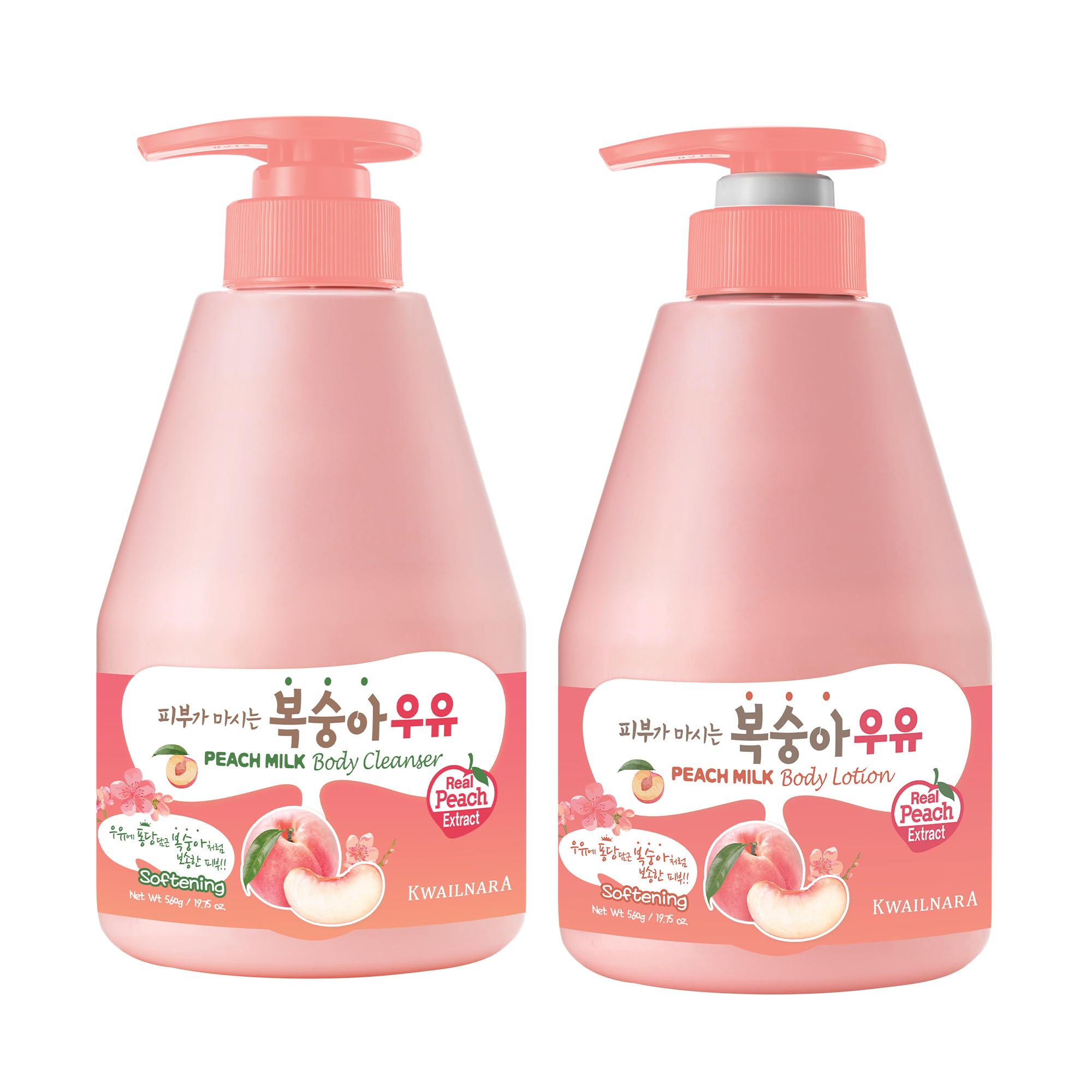 Kwailnara WELCOS Peach Milk Body Lotion & Body Wash Set – Hydrating & Nourishing Korean Skincare Set with Peach Extract, 560g / 19.75oz Each