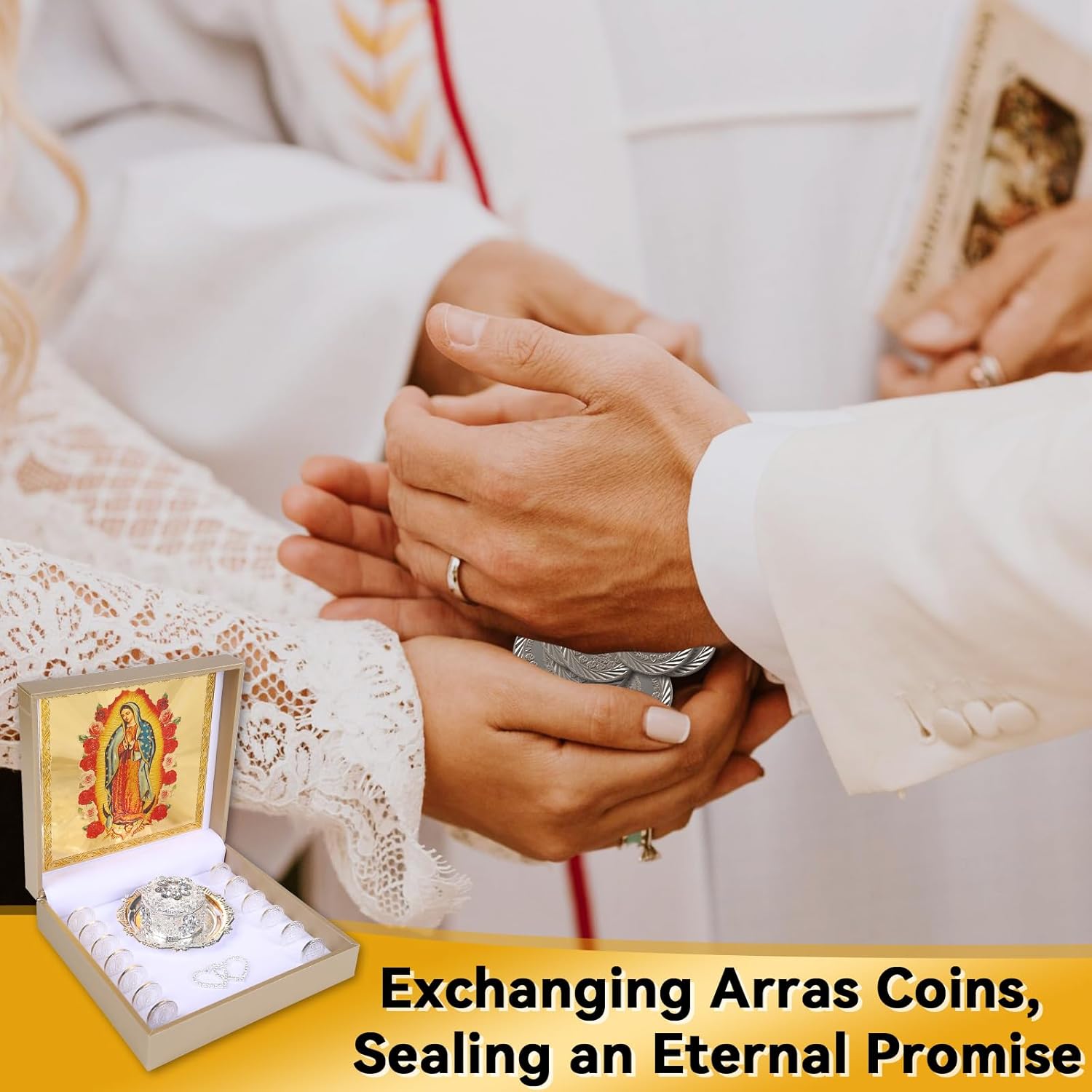Arras Para Boda Catolica with Virgen De Guadalupe Gifts Box, Premium Arras De Boda Cristiana, Arras De Boda Catolica, Wedding Coins Catholic Arras Box, Mexican Wedding Arras Coins Set (Silver)