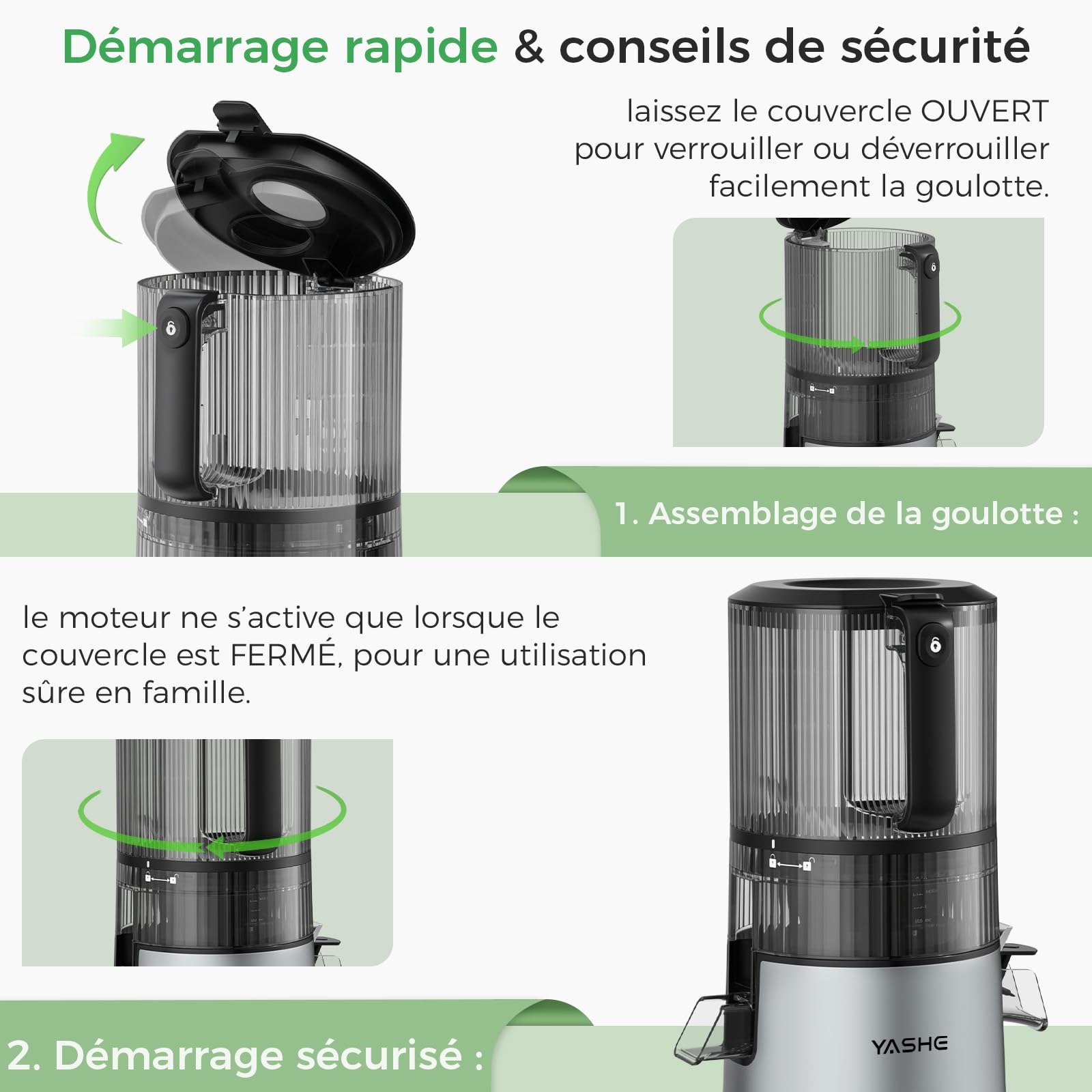YASHE Extracteur de Jus à Froid 600W, Goulotte Extra-Large 152 mm pour Fruits et Légumes Entiers, Tamis 3-en-1 (Jus, Sorbet & Lait Végétal), Sans BPA, Lavable au Lave-Vaisselle, Capacité 1L