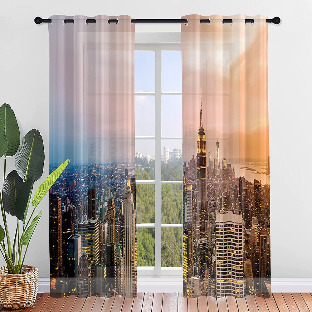 Hiseng Voile Curtains for Bedroom 2 Panels, Sheer Curtains Eyelets Net Translucent Window Screen Printed Tulle Door Drapes for Living Room Balcony Home Decorative (80x115cm,modern city)