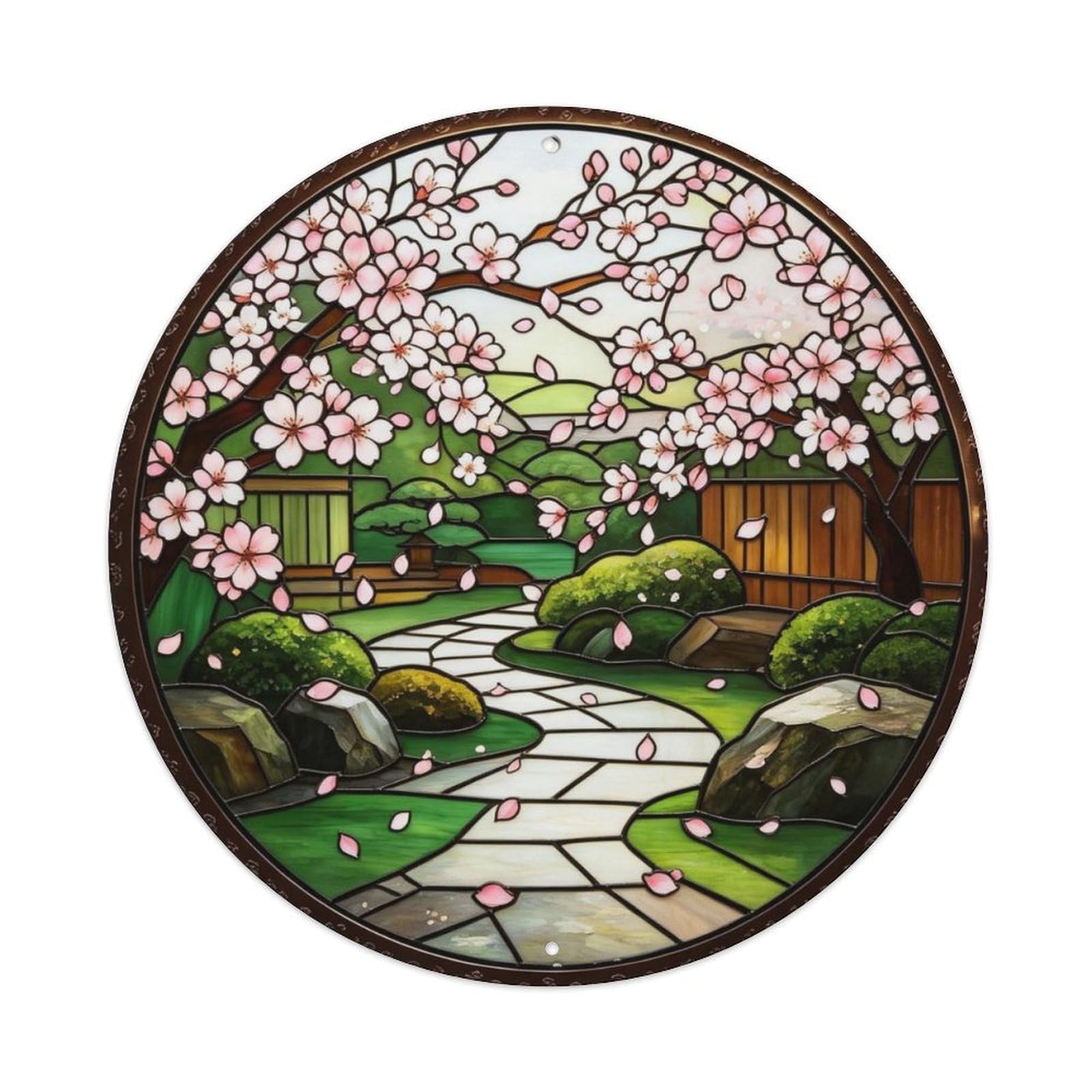 Cherry Blossoms Falling Japanese Garden Stained Glass Metal Tin Sign Plaque