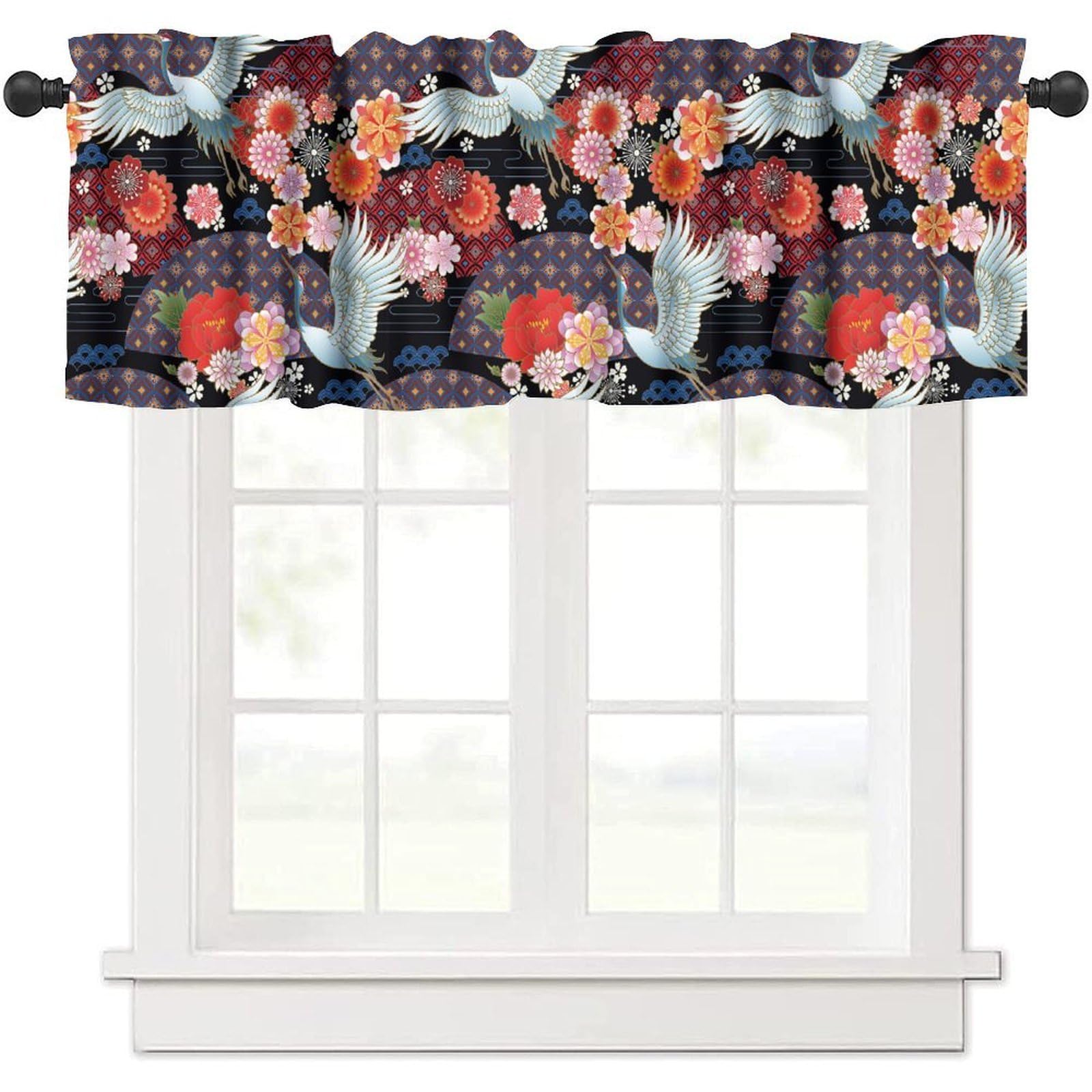 moderw Japanese Valance Curtain Oriental Vintage Asian Chinese Traditional Cranes Florals Window Treatment Valance for Home Farmhouse Dining Room Kitchen Canteens Party 54x18inch