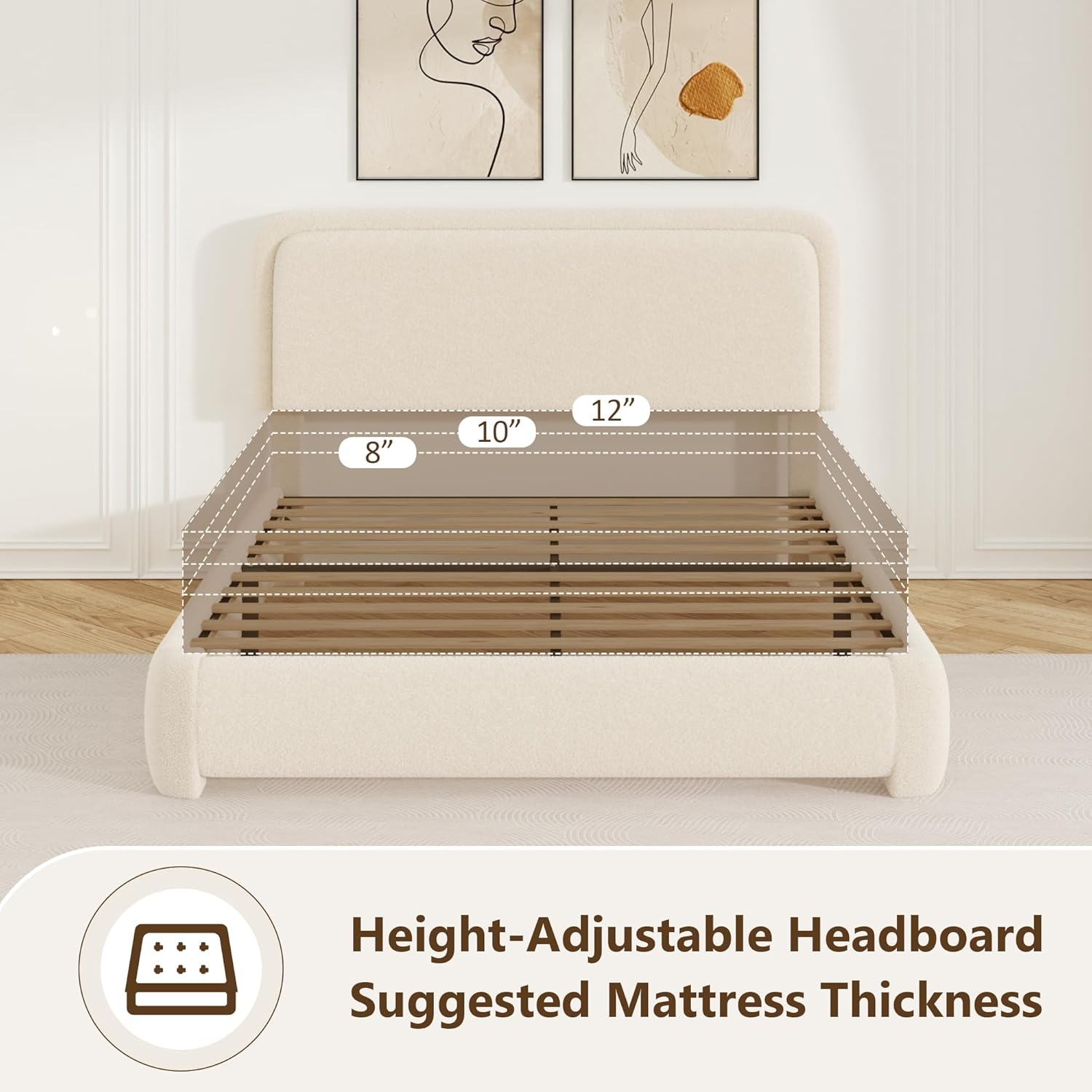 Sismplly Queen Size Cloud Bed Frame with Adjustable Padded Headboard (43.3"-45.3"), Boucle Fabric, Upholstered Platform Bed, Modern Soft Bed Base, No Box Spring Needed, Easy Assembly, Beige