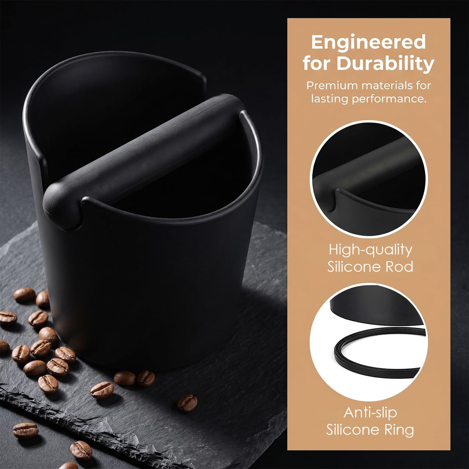 Ideal Swan Abklopfbehälter für Siebträger, Knock Box Barista Zubehör | Kaffeesatz Abschlagbehälter Espresso, Klopfbox Abschlagbox mit Abnehmbarer Klopfstange Silikon, Rutschfest & Geräuschdämpfend