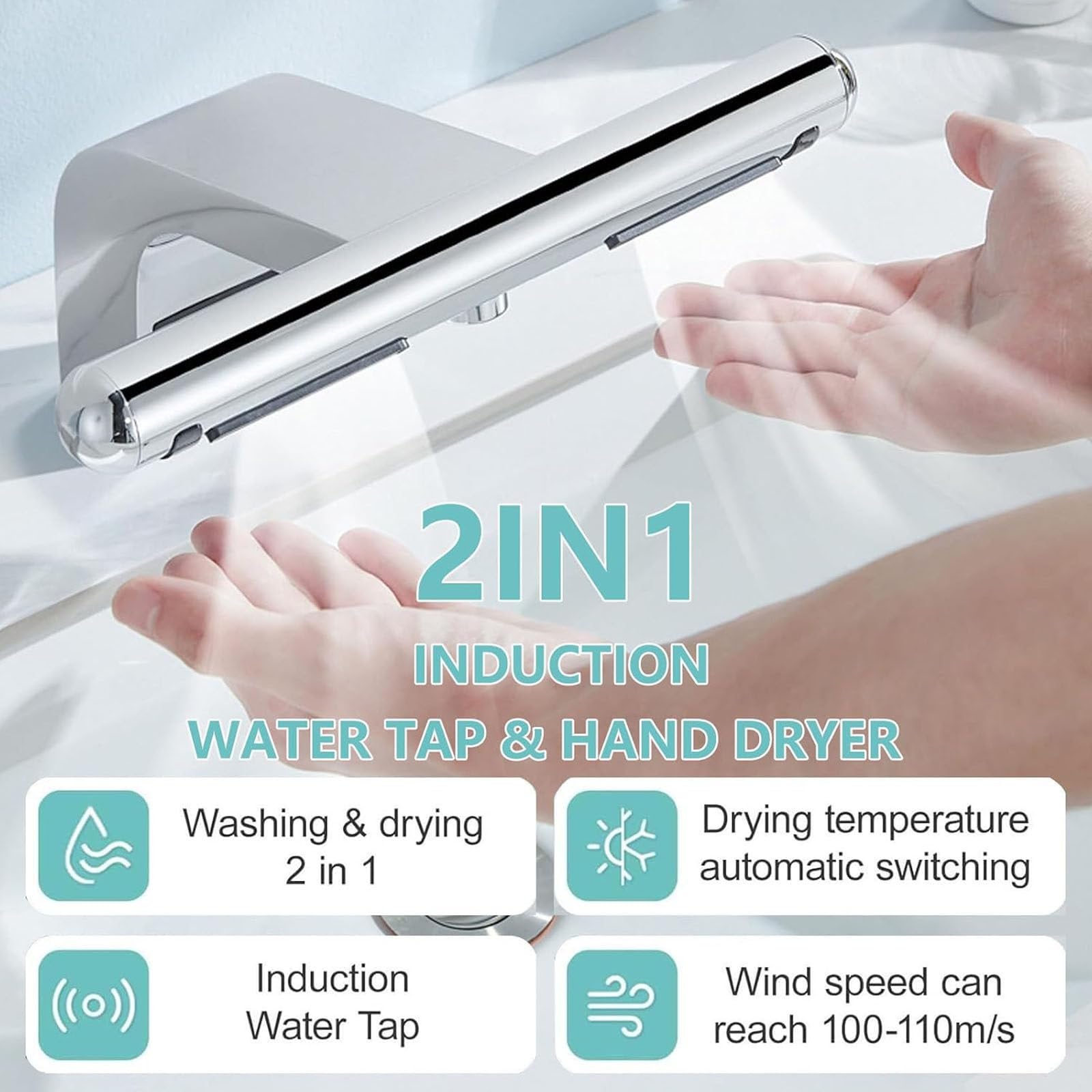 Asciugamani Con Sensore Automatico - Lavaggio E Asciugatura Mani 2 In 1, Rubinetto Per Bagno Con Filtro, Rubinetti Per Lavabo Senza Contatto, Asciugatura Rapida In 10 Secondi