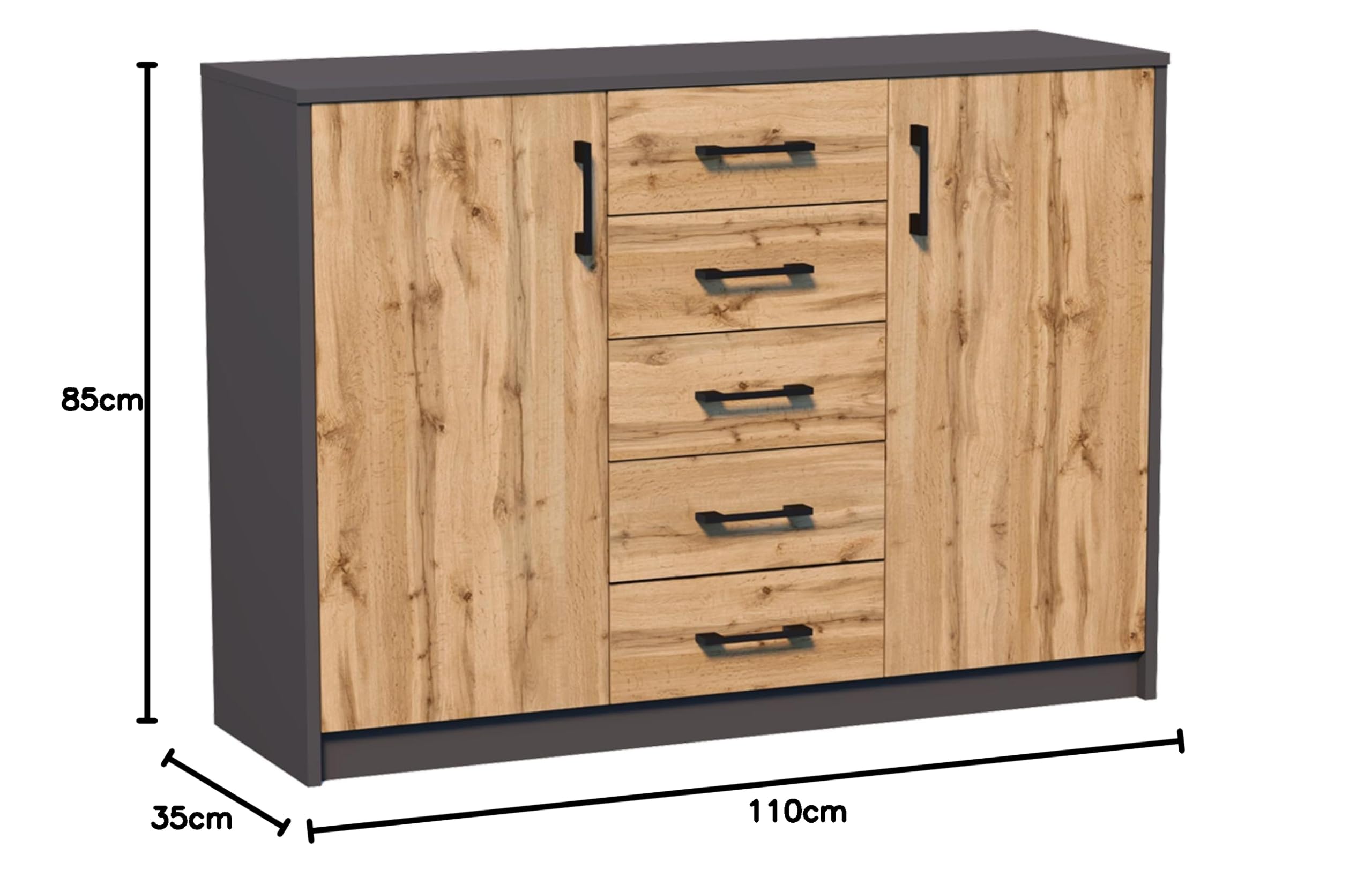 Home Collective Kommode mit 5 Schubladen und 2 Türen in matt Kommode 110cm breit mit hochwertigen Polymergriffen Holz Schrank Kommode mit Schubladen