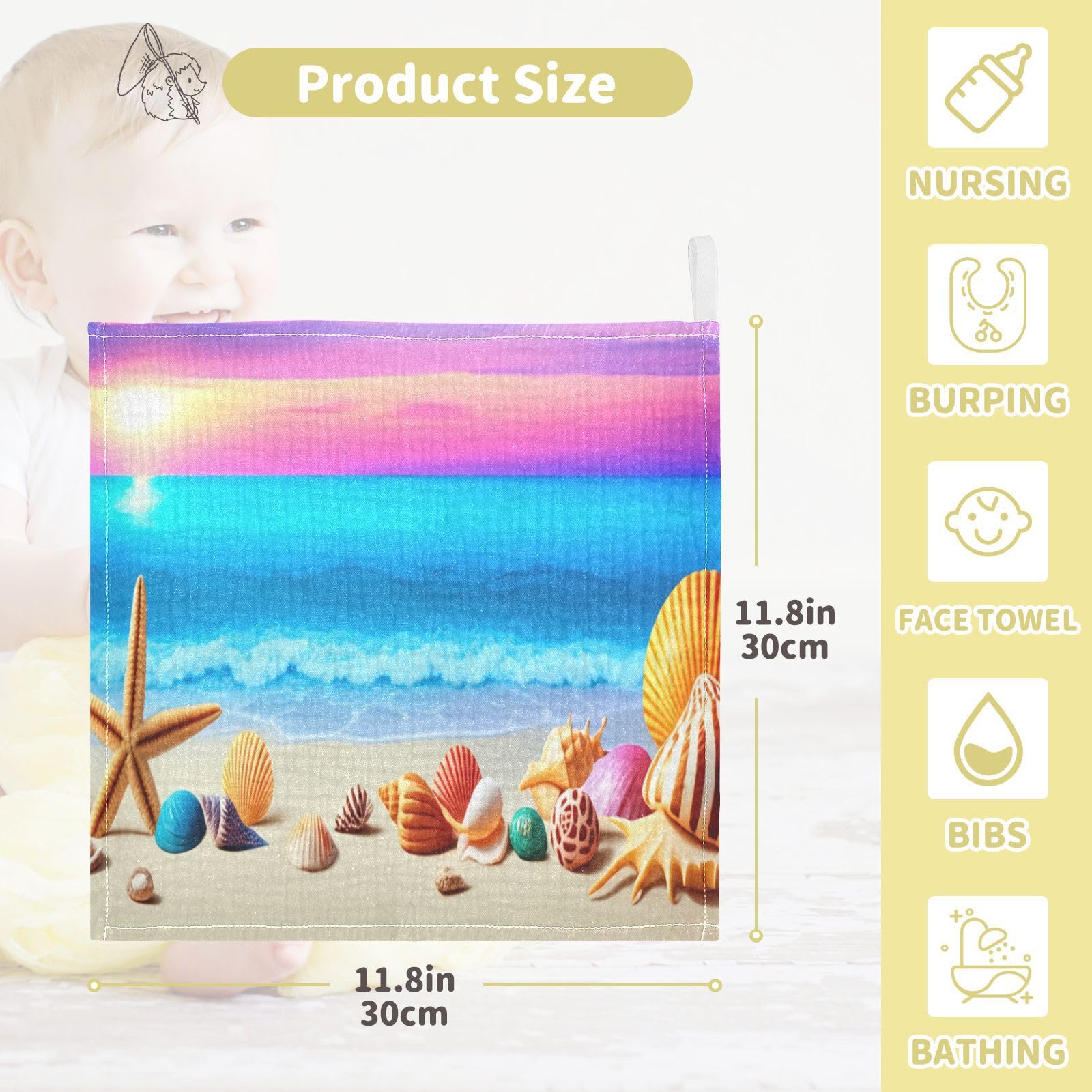 Nander 5Pack Baby Muslin Washcloths,Beach Starfish and Shells Soft Face Cloths for Newborn, Absorbent Bath Wash Cloths, Wipes, Burp Rag,Toddlers Essentials Stuff, Baby Registry as Shower