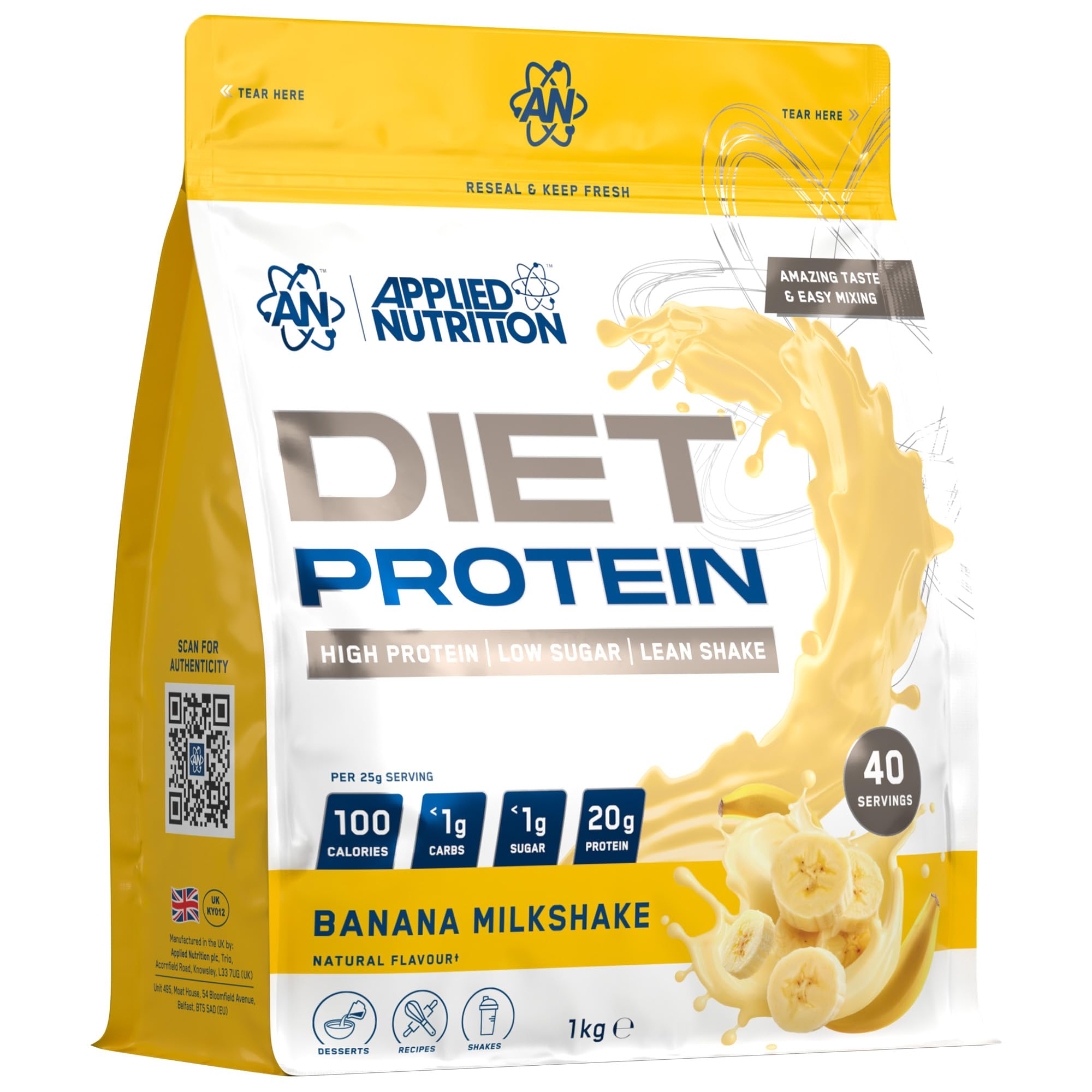 Applied Nutrition Diet Whey Protein Weight Management Banana Milkshake Protein Nutrition Powder - 1Kg