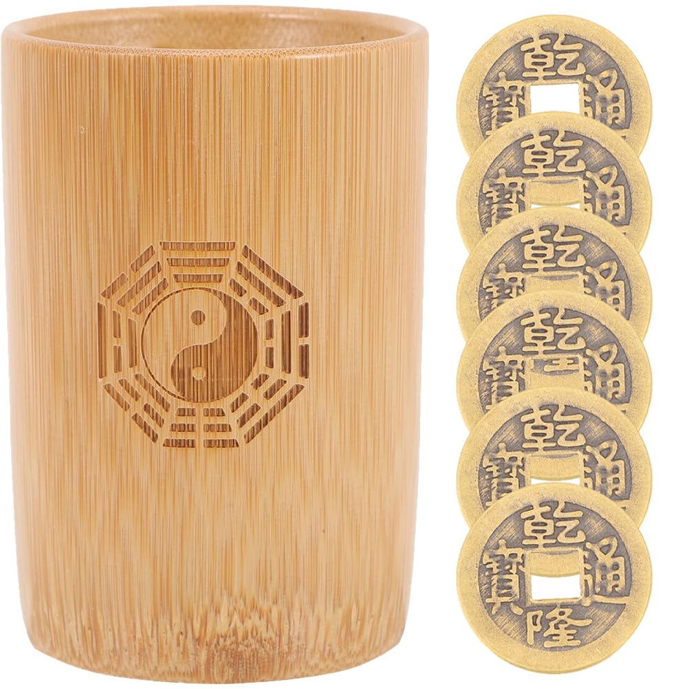 Totority Chinese Divination Coins with Bamboo Bucket Charms for Divination Action Sticks Ching Divination Bamboo Tube Lucky Coin Vintage Copper