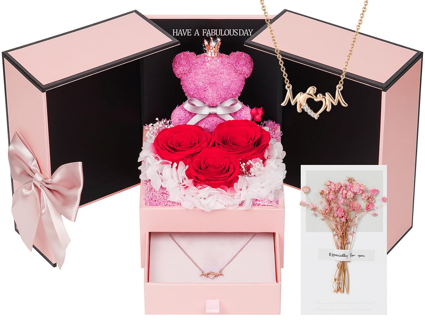 ADDWel Valentines Day Gifts for Mom from Son Daughter or Kids, Preserved Eternal Roses Bear Gift Box with Mom Necklace Inside, Unique Forever Real Roses Gifts for Moms Birthday Mothers Day Christmas