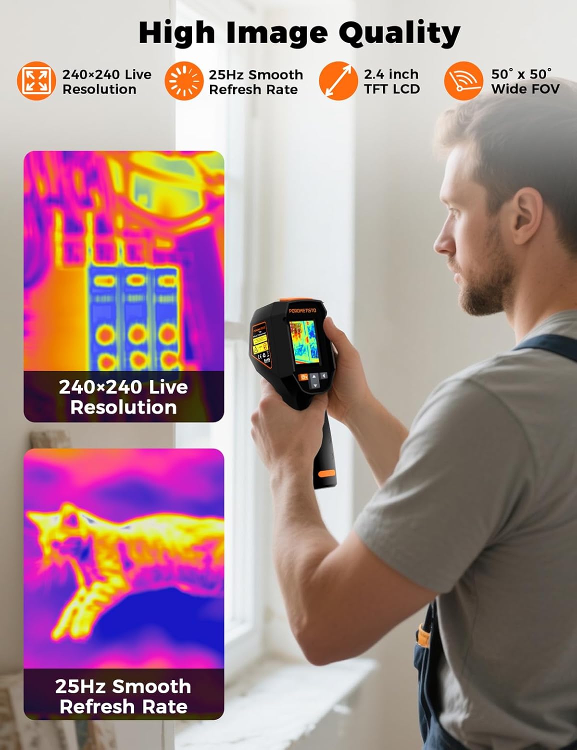 Ti01 Thermal Camera,240x240 IR Resolution Thermal Imaging Camera,-4°F-1022°F,15 Available Colors Thermal Imager,Display Resolution 320x240 Infrared Camera,Infrared Camera,25Hz,IP54