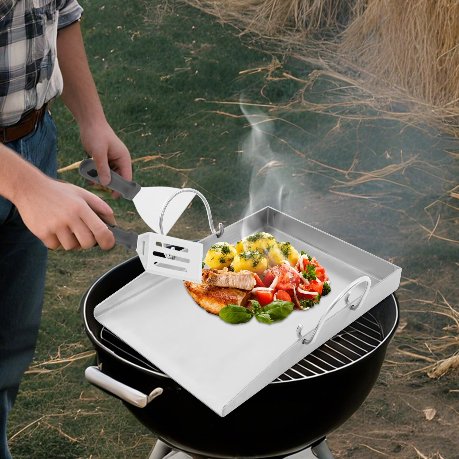 Plancha de acero inoxidable con asas y 2 espátulas, 4 mm de grosor, tolerancia a la temperatura superior a 170 ℃, para barbacoas al aire libre, camping, celebraciones familiares