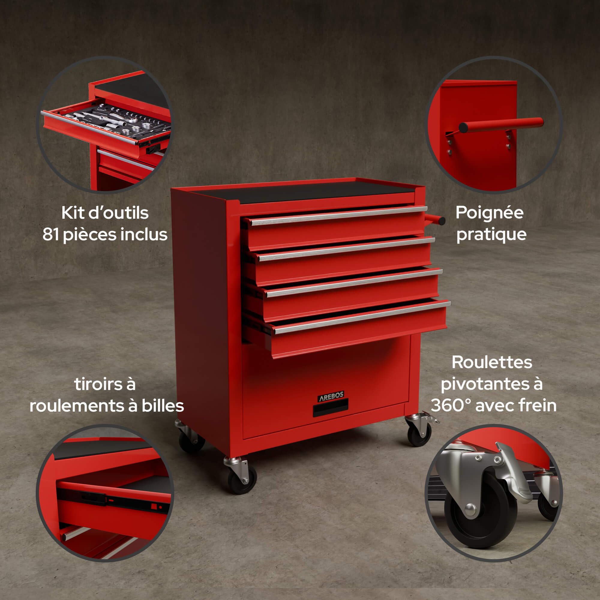 AREBOS Servante d'atelier 4 Compartiments | avec 81 pièces d'outils | Chariot à Outils | équipé | Tapis antidérapants | Interlock | 2 roulettes avec Frein de stationnement | Rouge