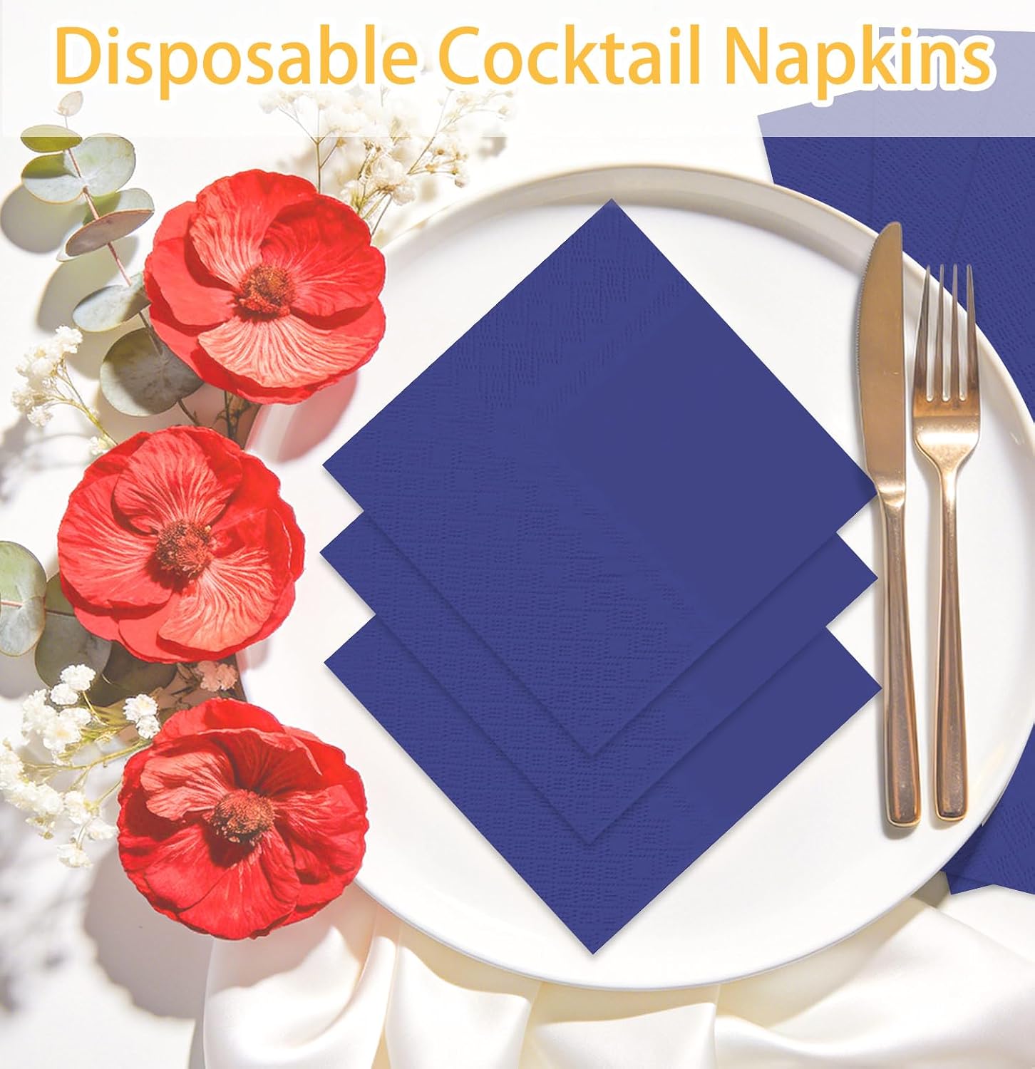 SietDESEO 50 Pieces Navy Blue Napkins Disposable 3-Ply Navy Blue Cocktail Napkins Paper Dinner Napkins for Birthday Baby Shower Wedding Graduation Party Beverage Napkin