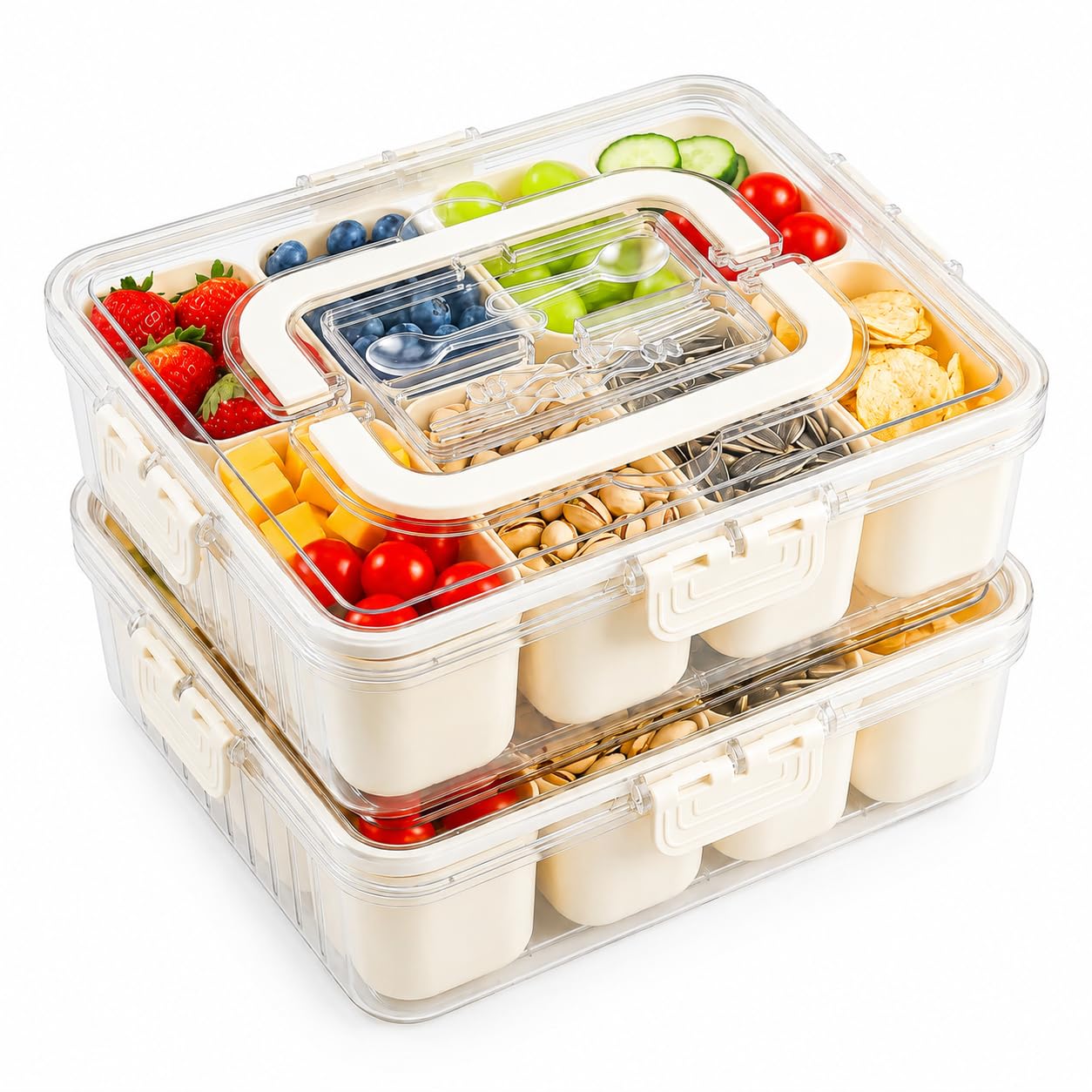 Snackle Box Container 2 Pack | Snack Box Container with Lid, BPA-Free 8-Compartment Divided Serving Tray & Snack Tray with Built-In Utensil Tray