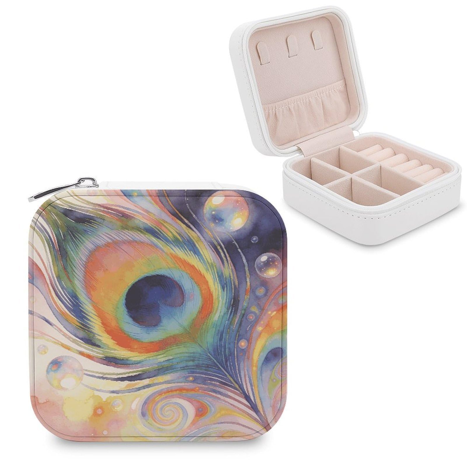 FekiLoot Psychedelic Peacock Feather Jewelry Box Exquisite Jewelry Organizer Silver Gold Trinket Storage Case Multi Compartments Cute Earrings Ring Necklace Holder For Woman Household Gift
