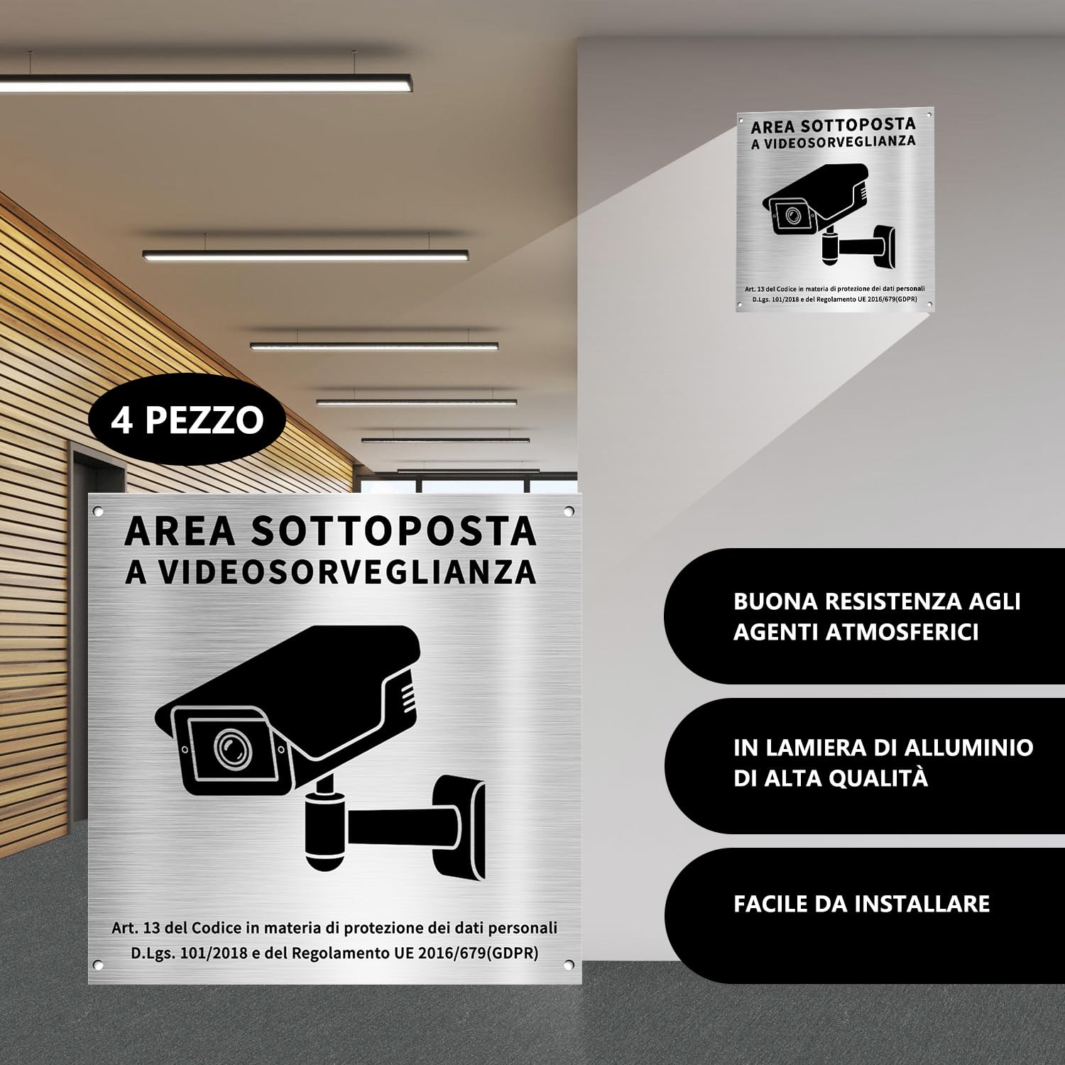 PATRICHOR Aluminium Videoüberwachungsschild, 4 Stück, 15 x 15 cm, mit GDPR-Hinweis, für Haus und Geschäft, Innen- und Außenbereich, robust und langlebig