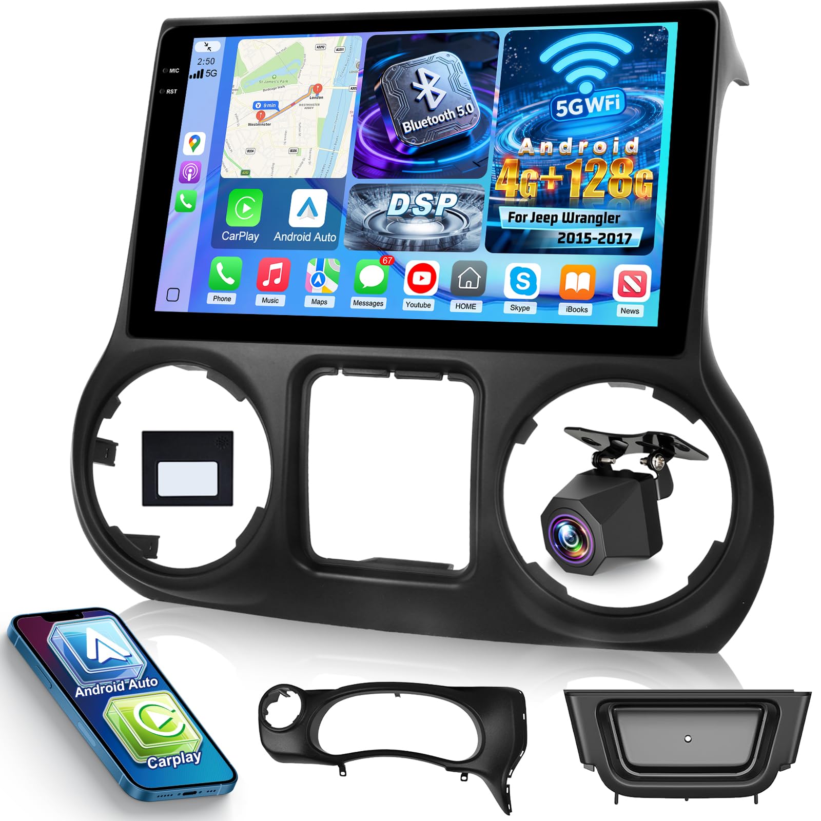 Photo 1 of [4+128G] Android Radio for Jeep Wrangler 2015-2017: NHOPEEW 9 inch IPS Incell Touchscreen Jeep JK Stereo - Wireless Carplay and Android Auto, WiFi, GPS, BT5.0, Custom Homepage + Backup Camera + Canbus