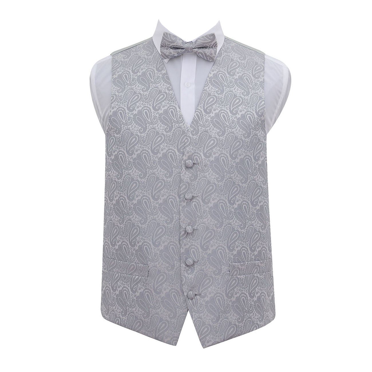 DQT Men’s Paisley Floral Wedding Waistcoat Vest & Bow Tie Set – Groom Formal Suit – Silver 46" (3XL)