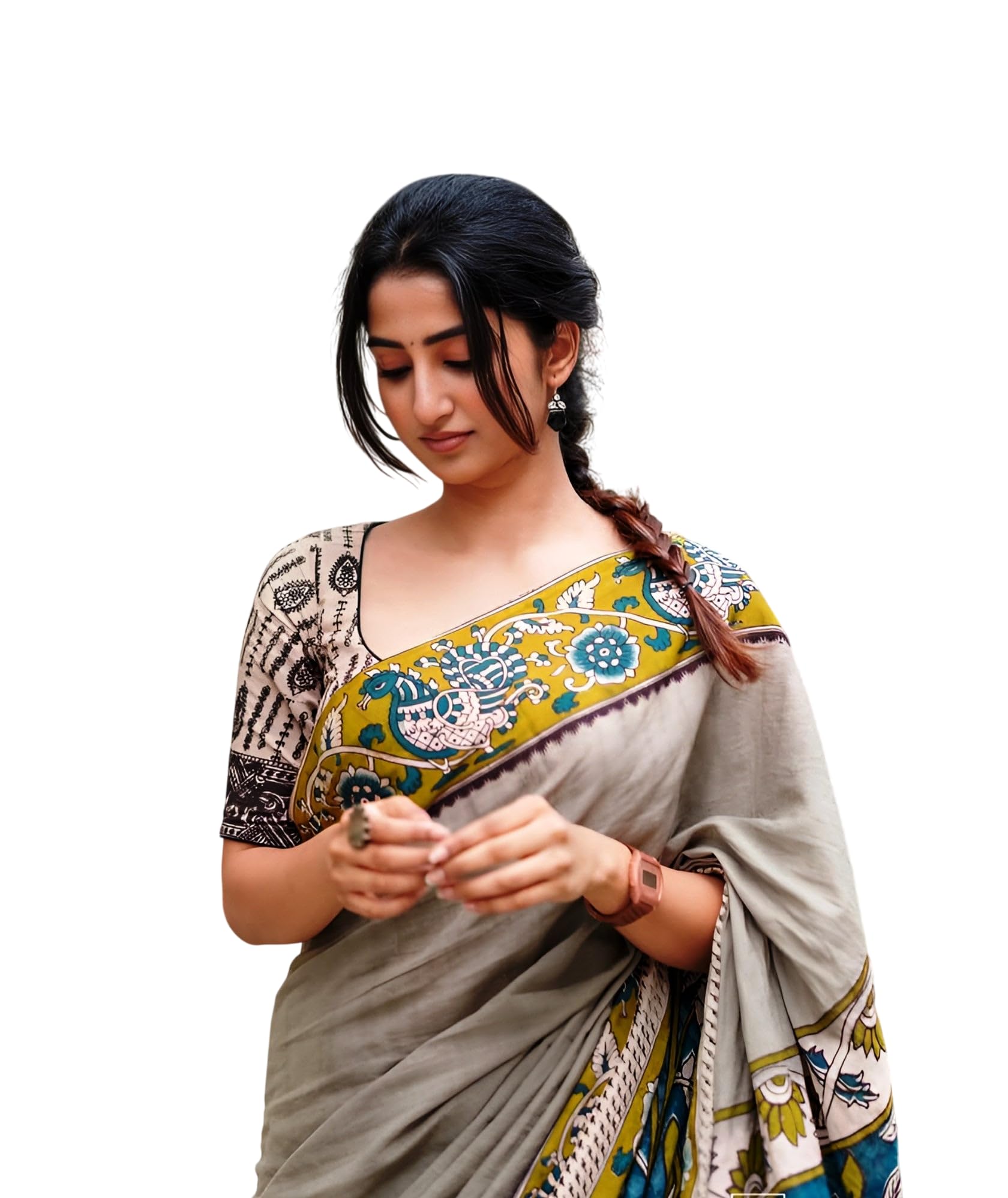 Grey Linen Cotton Saree with Kalamkari Inspired Border and Printed Blouse-image-33