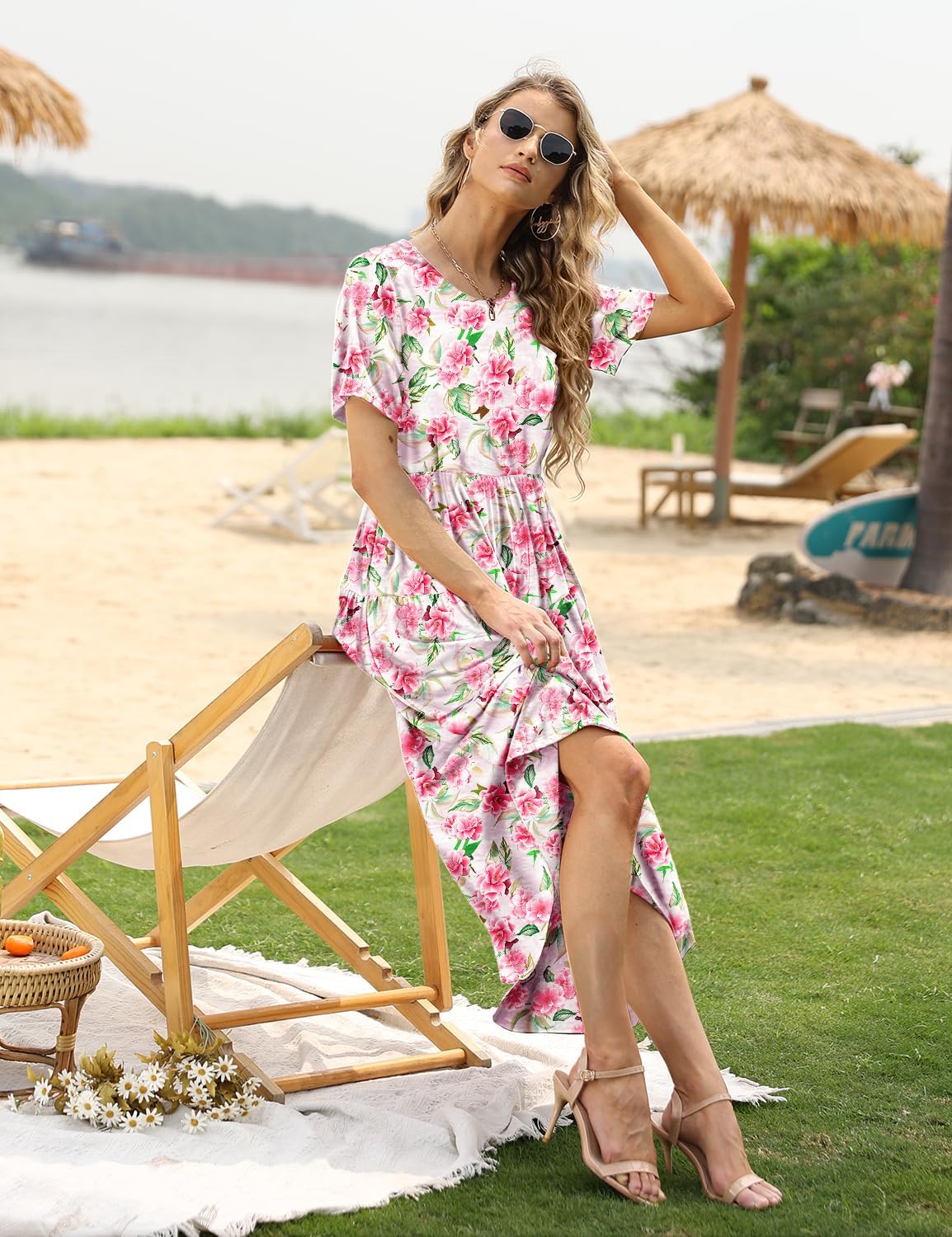YESNO Women Casual Loose Bohemian Floral Dress with Pockets Short Sleeve Long Maxi Summer Beach Swing Dress EJF thumbnail
