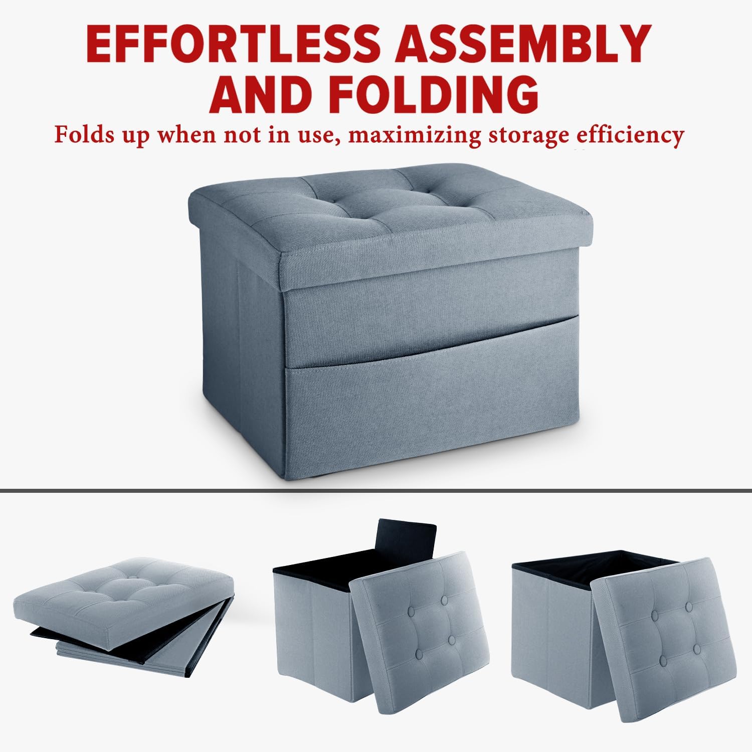 LINMAGCO Storage Ottoman Folding Foot Stool Ottoman with Side Pocket Modern Short Sofa Stool Linen Cloth 17x13x13(FogBlue)