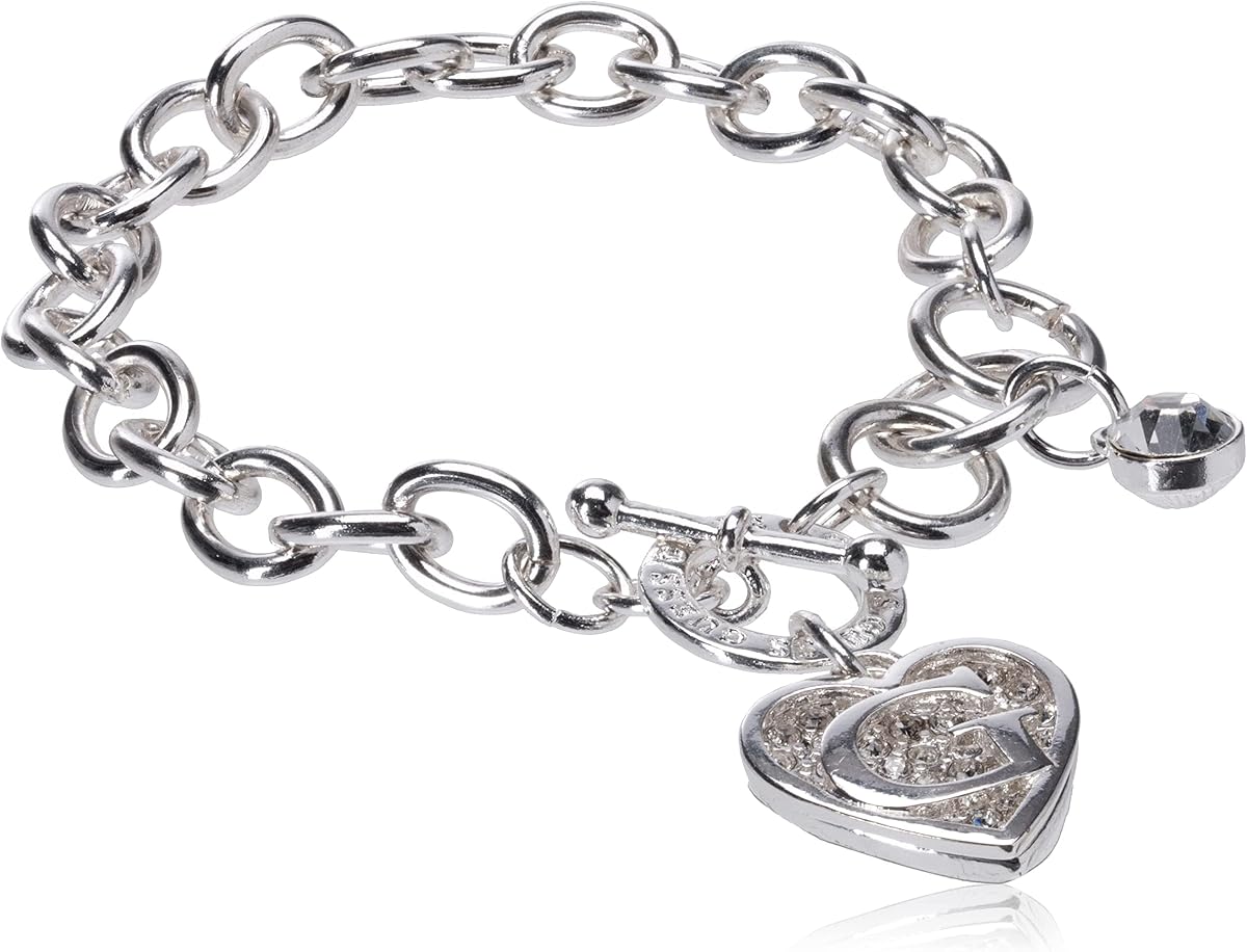 Guess Pulsera de cadena alternada con logo y pulsera con dije de eslabones en forma de corazón
