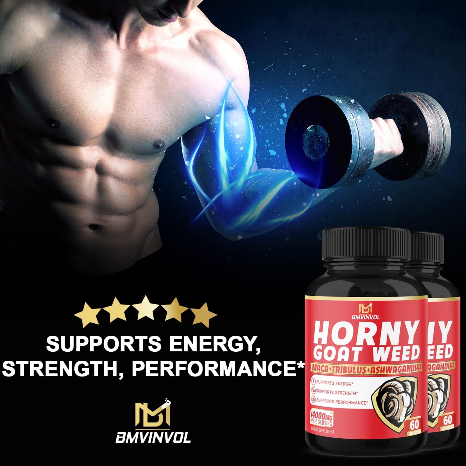 BMVINVOL (2 Packs) Horny Goat Weed Capsules, 14000mg Herbal Equivalent with Maca, Tribulus, Ginseng - Performance and Energy Support - 120 Capsules : Health & Household